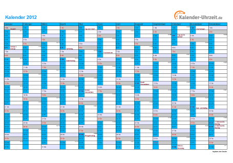 Kalender 2012 mit Feiertagen - 1-seitig