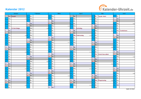 Kalender 2012 mit Feiertagen - 2-seitig