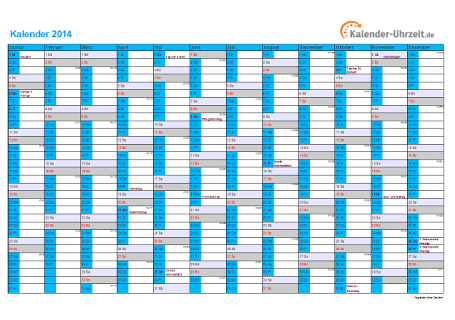 Kalender 2014 mit Feiertagen - 1-seitig