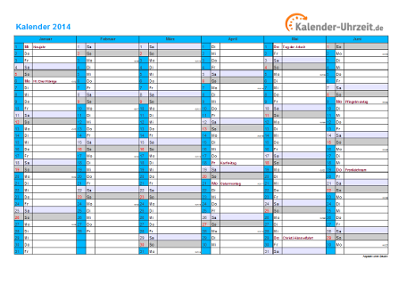 Kalender 2014 mit Feiertagen - 2-seitig