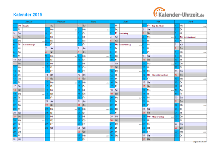 Kalender 2015 mit Feiertagen - 2-seitig