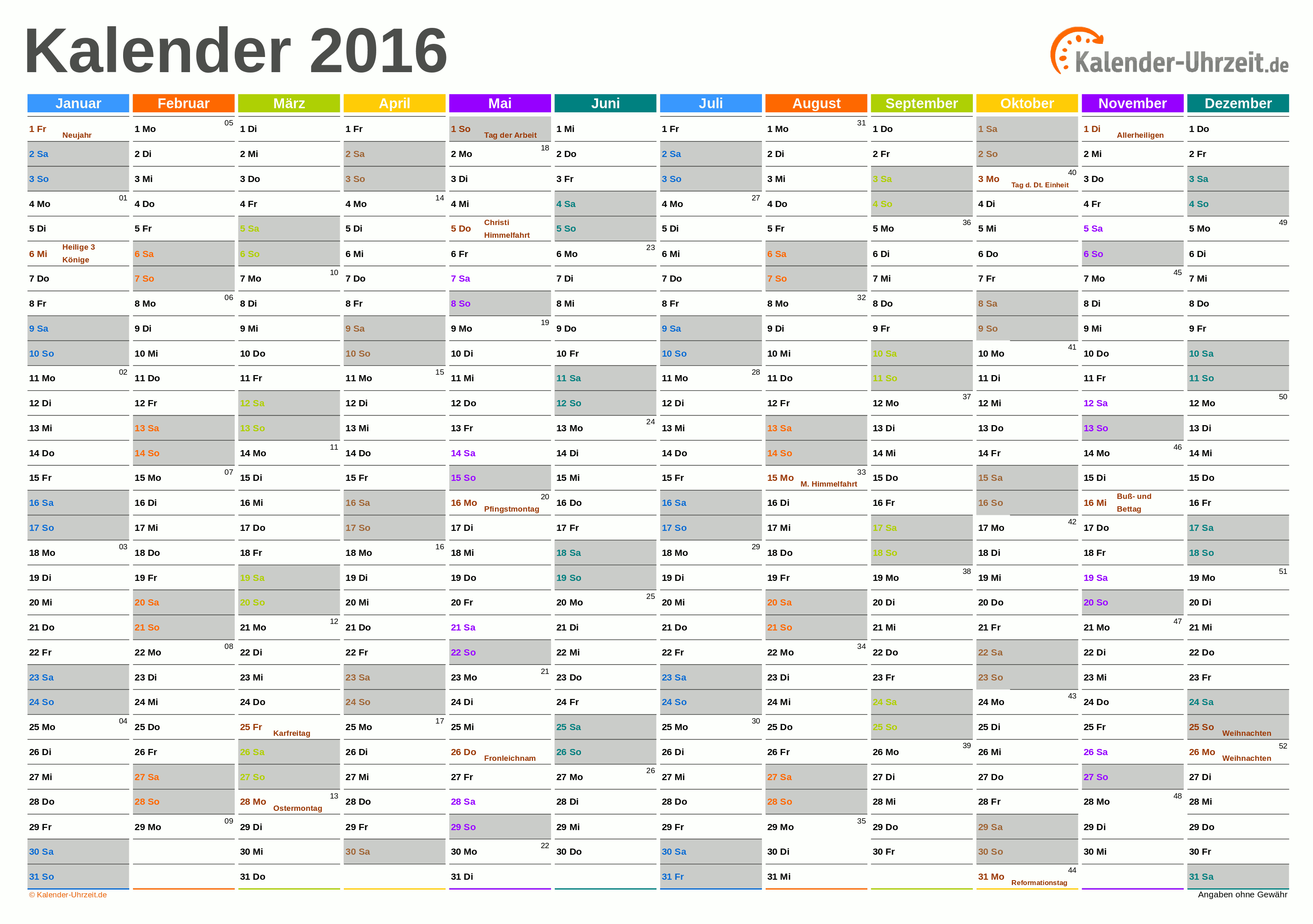 Jahreskalender 2016 - Excel-Vorlage 2 Vorschau