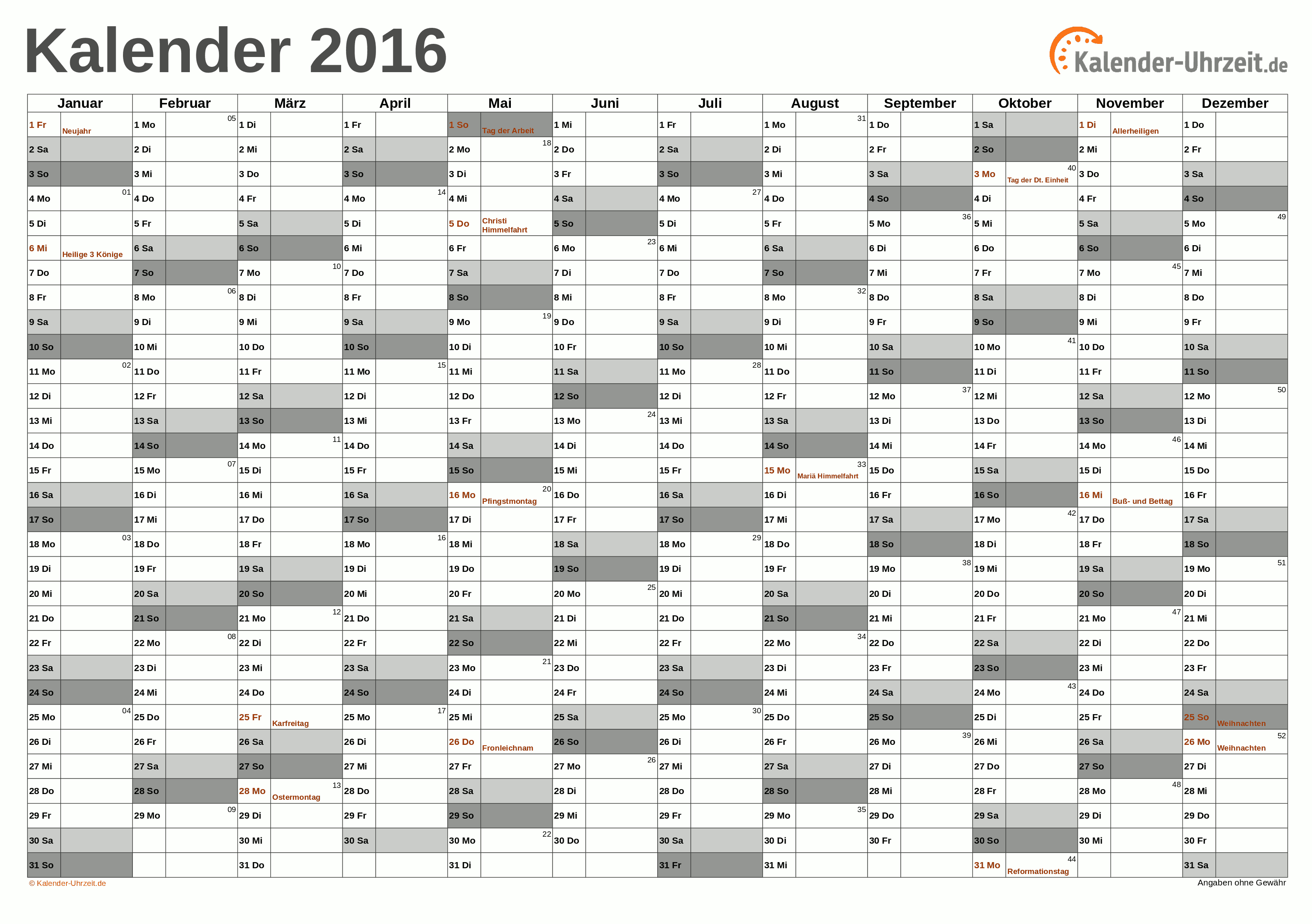 Jahreskalender 2016 - Excel-Vorlage 3 Vorschau