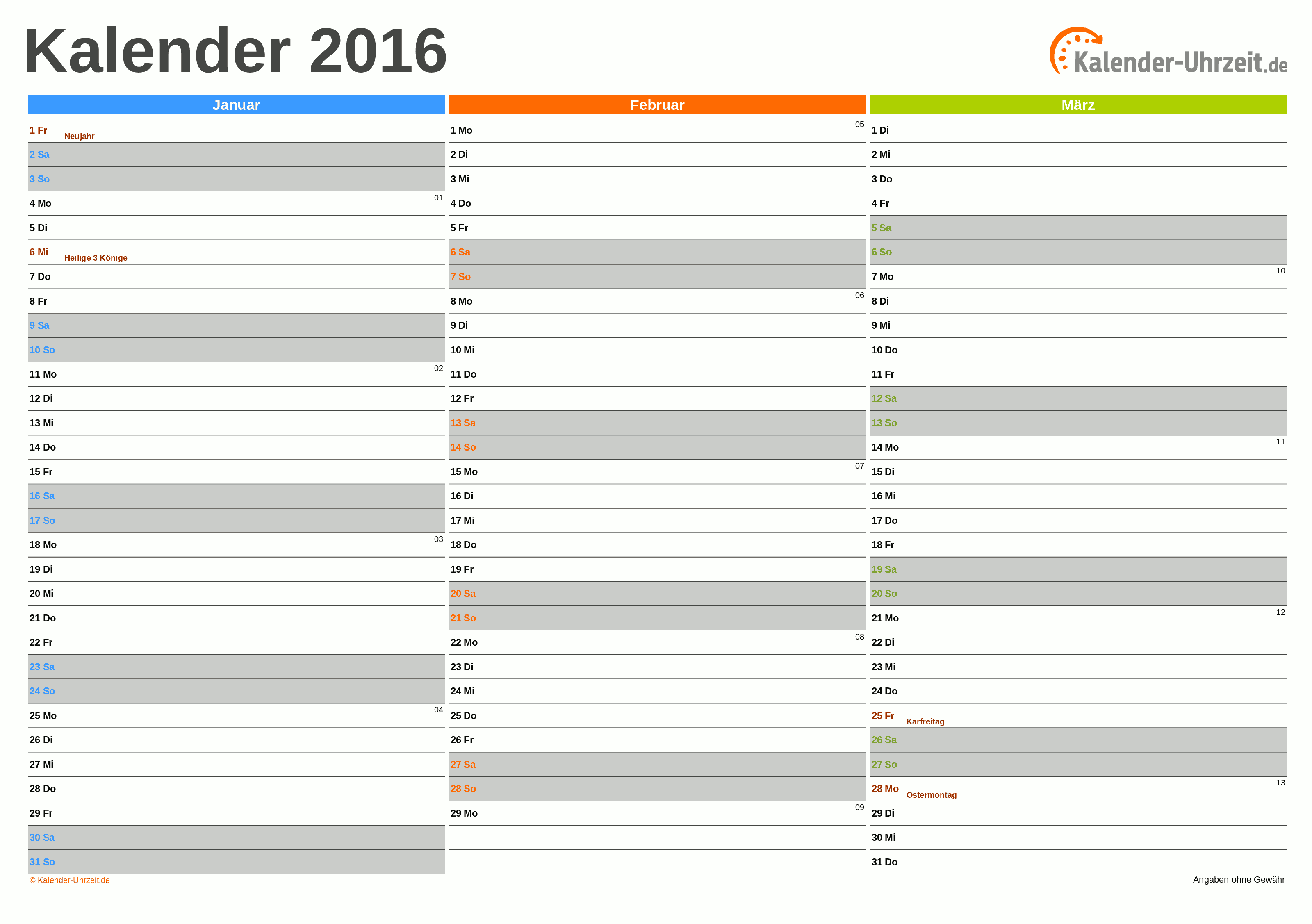 Quartalskalender 2016 - Excel-Vorlage 2 Vorschau