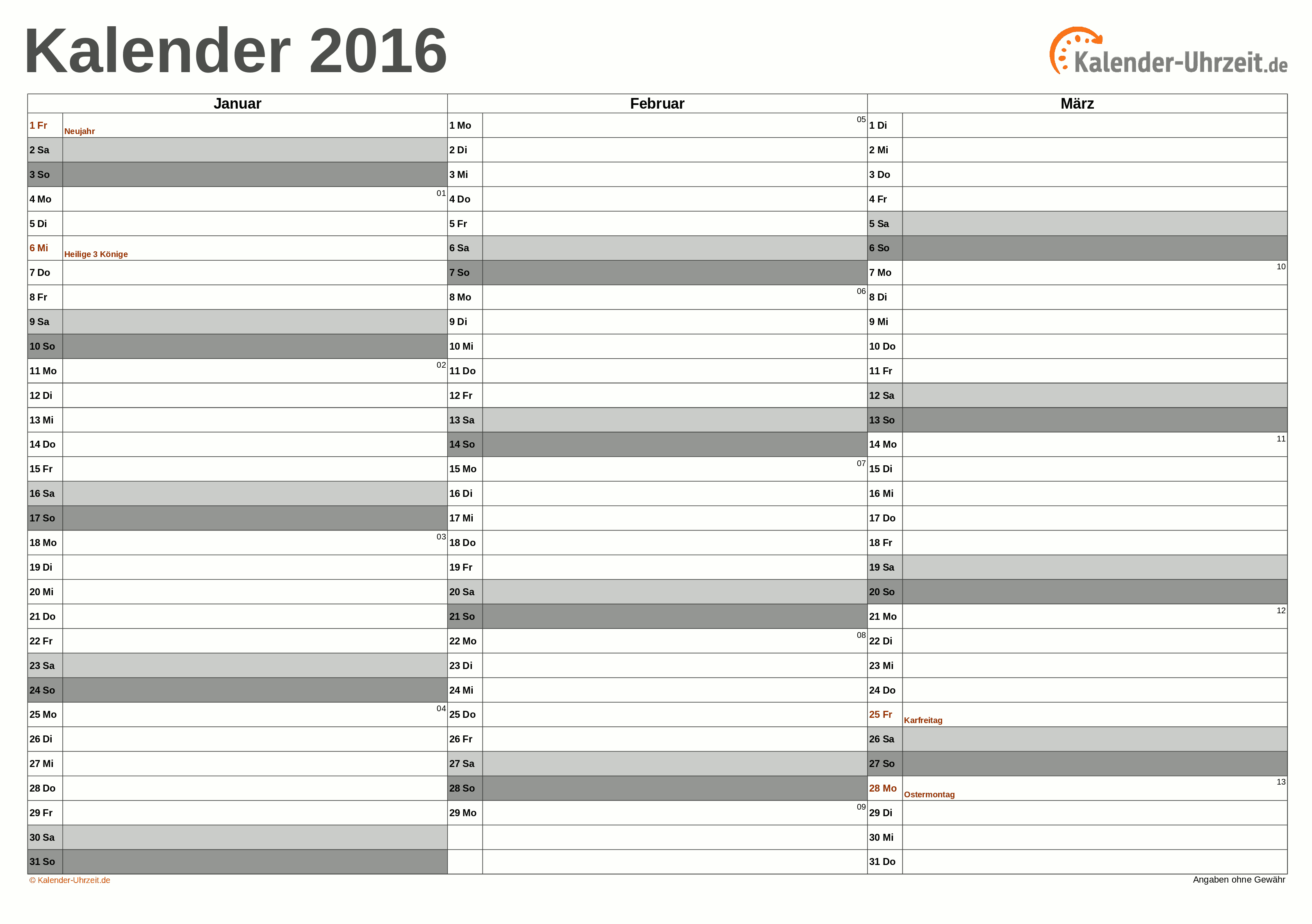 Quartalskalender 2016 - PDF-Vorlage 3 Vorschau