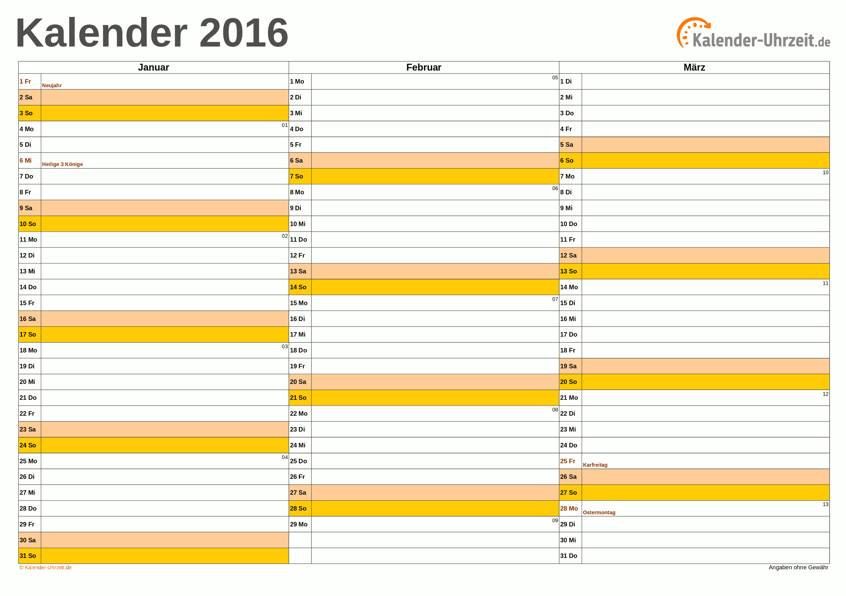 Quartalskalender 2016 - Excel-Vorlage 1 Vorschau