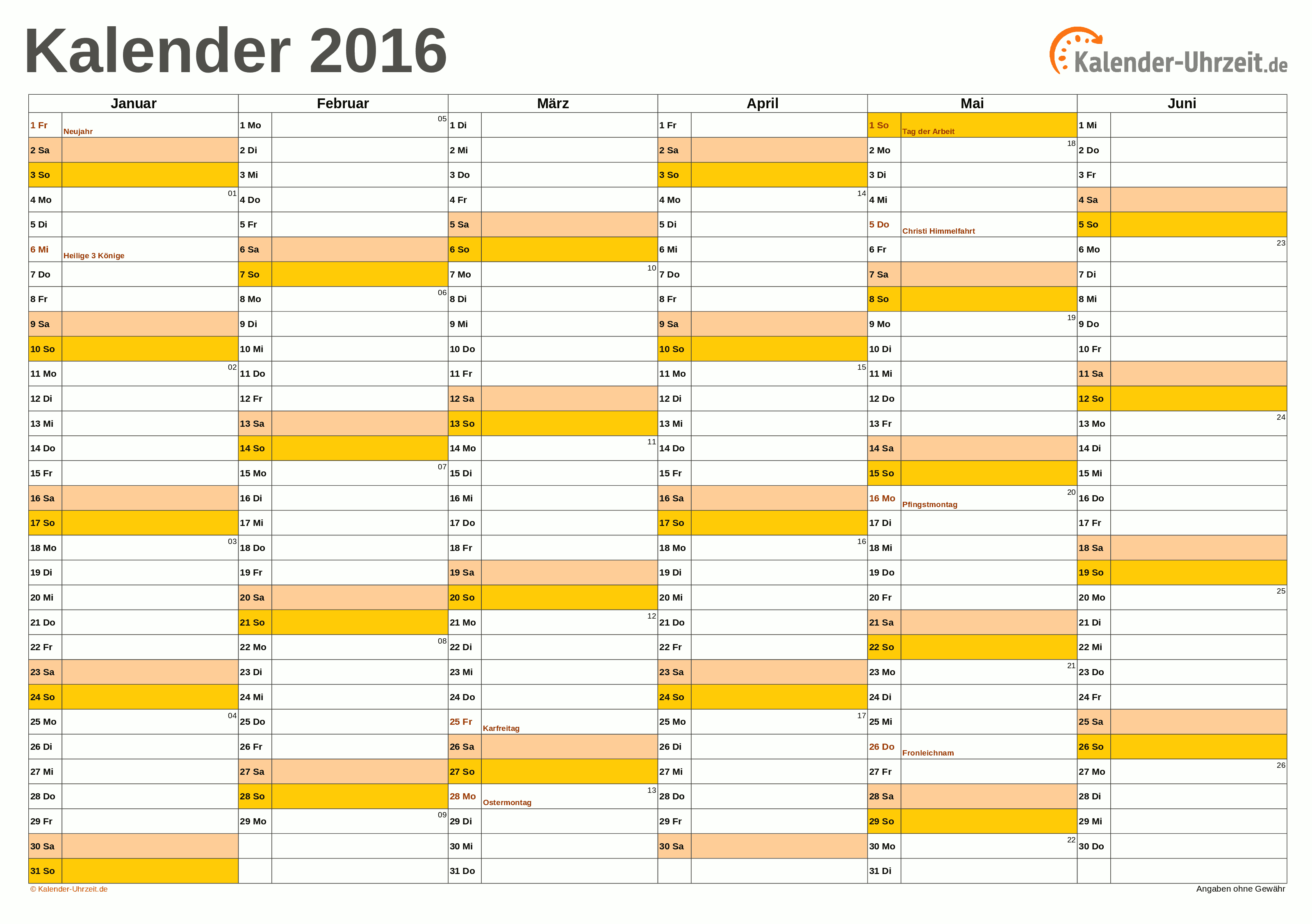 Halbjahreskalender 2016 - Excel-Vorlage 1 Vorschau