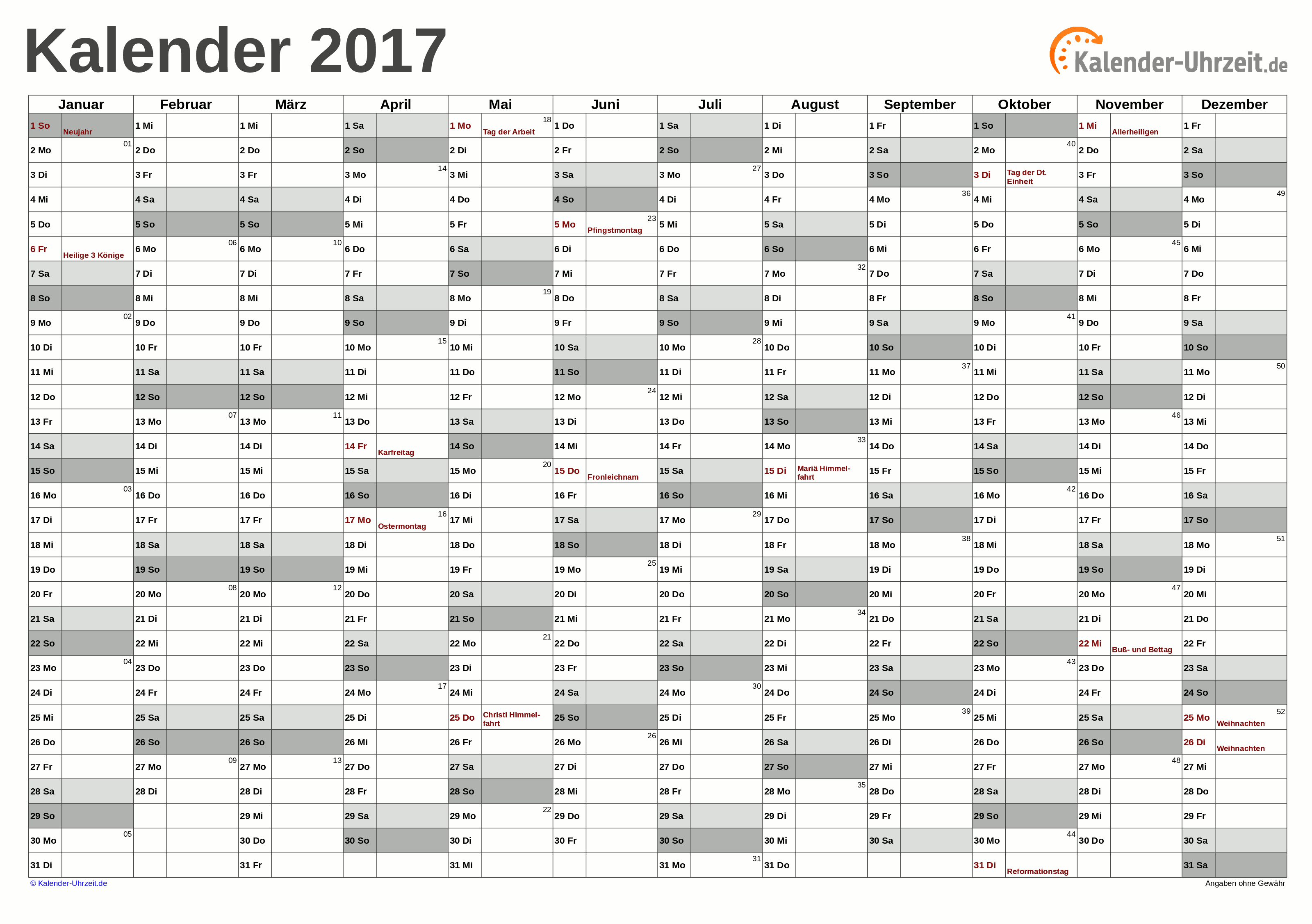 Jahreskalender 2017 - PDF-Vorlage 3 Vorschau