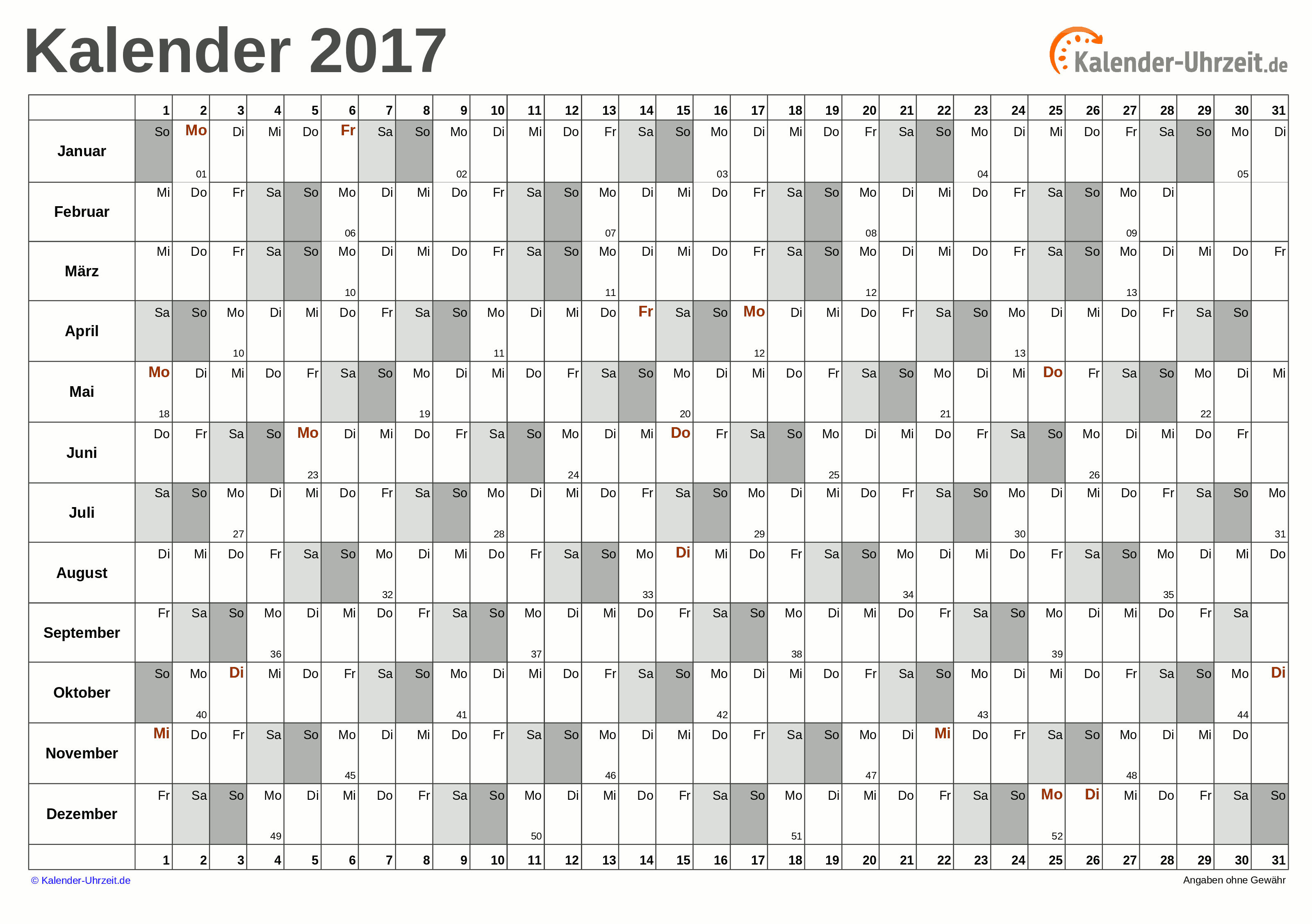Jahreskalender 2017 - Excel-Vorlage 6 Vorschau