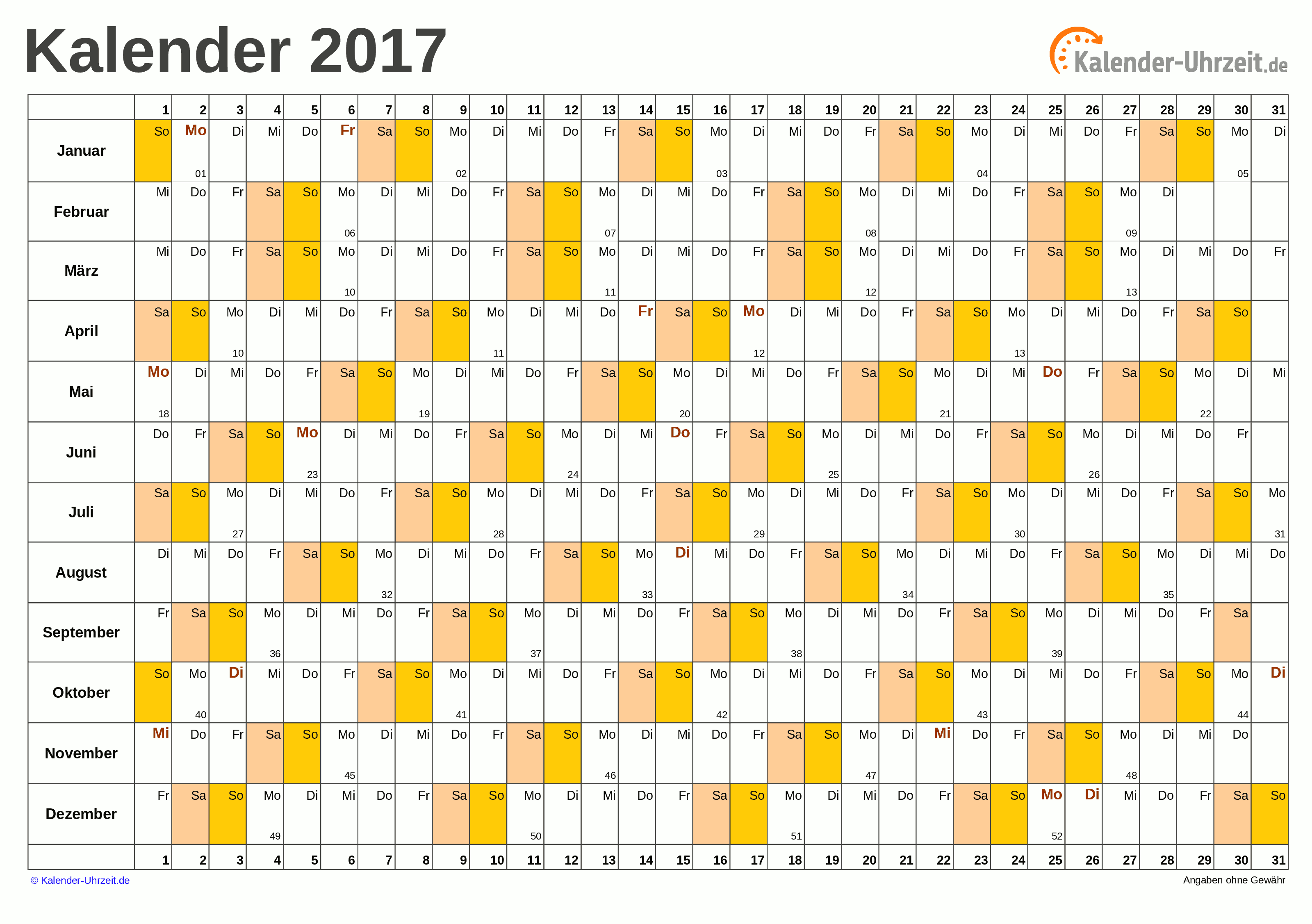 Excel Kalender 2017 Kostenlos