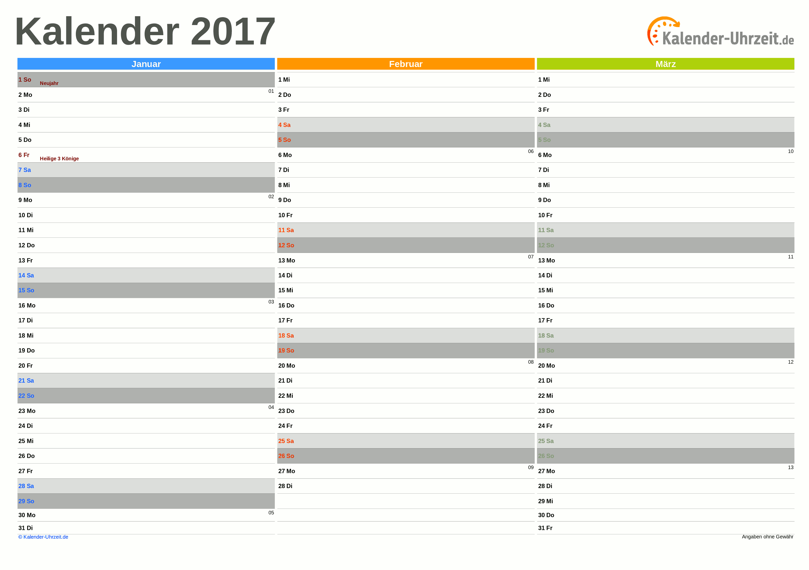 Quartalskalender 2017 - Excel-Vorlage 2 Vorschau
