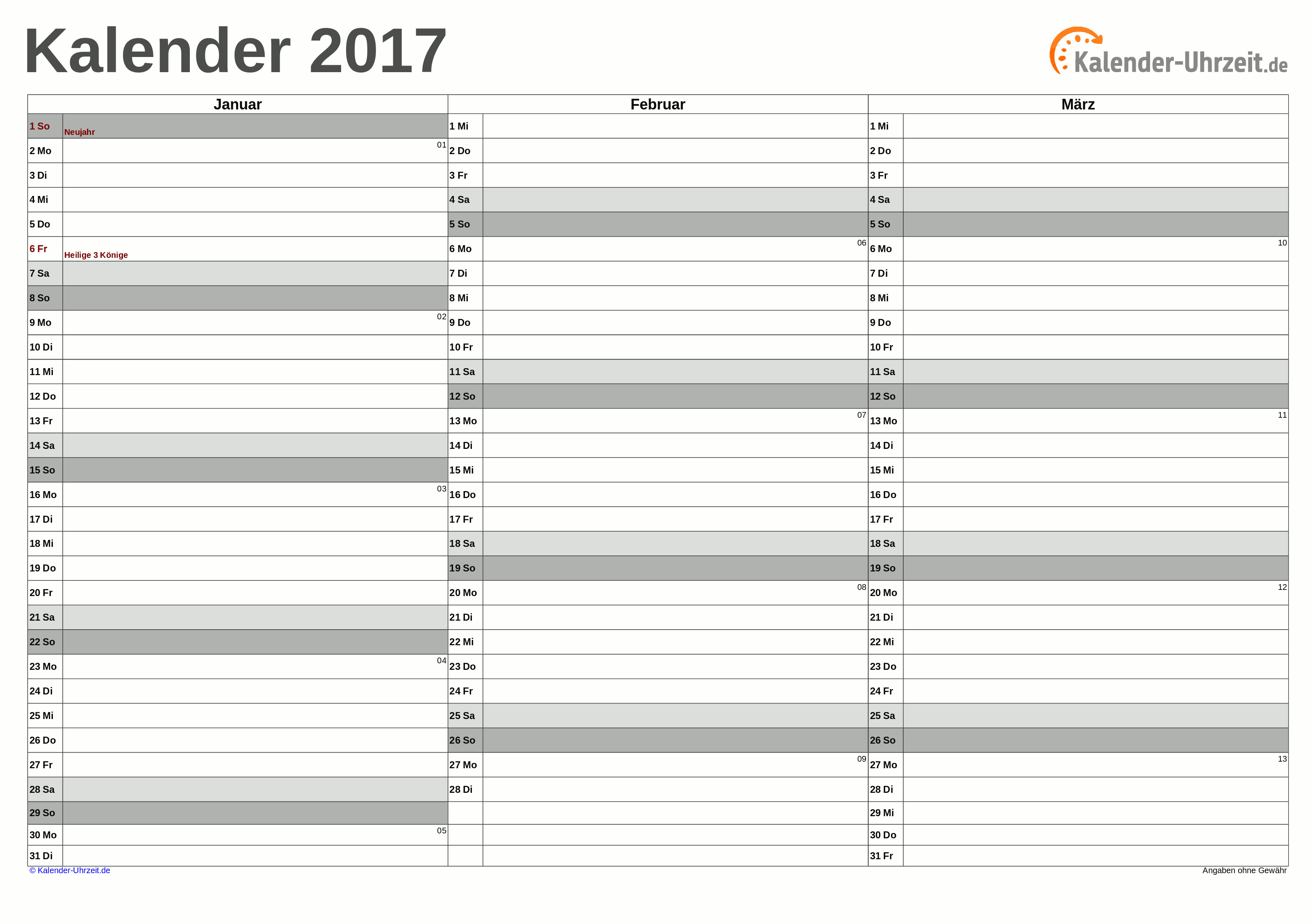 Quartalskalender 2017 - PDF-Vorlage 3 Vorschau