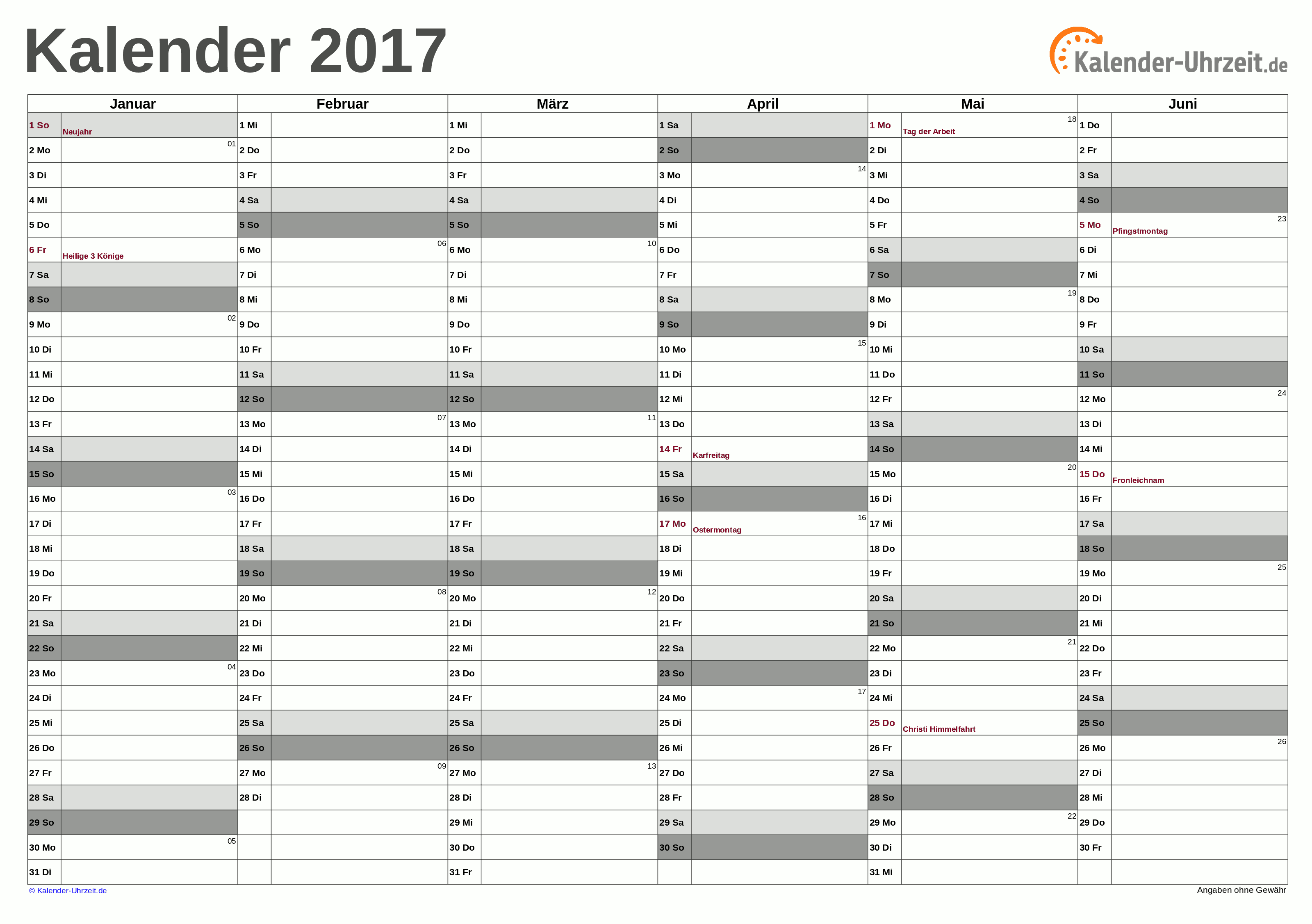 Halbjahreskalender 2017 - Excel-Vorlage 3 Vorschau