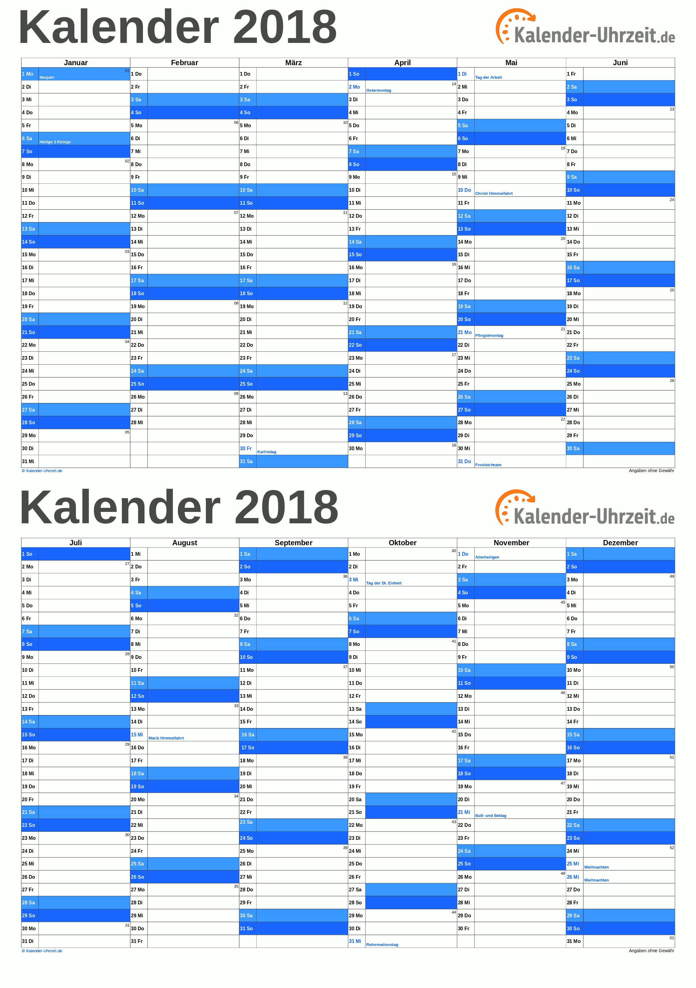 Kalender 2018 A5-Excel-Vorlage 2 Vorschau