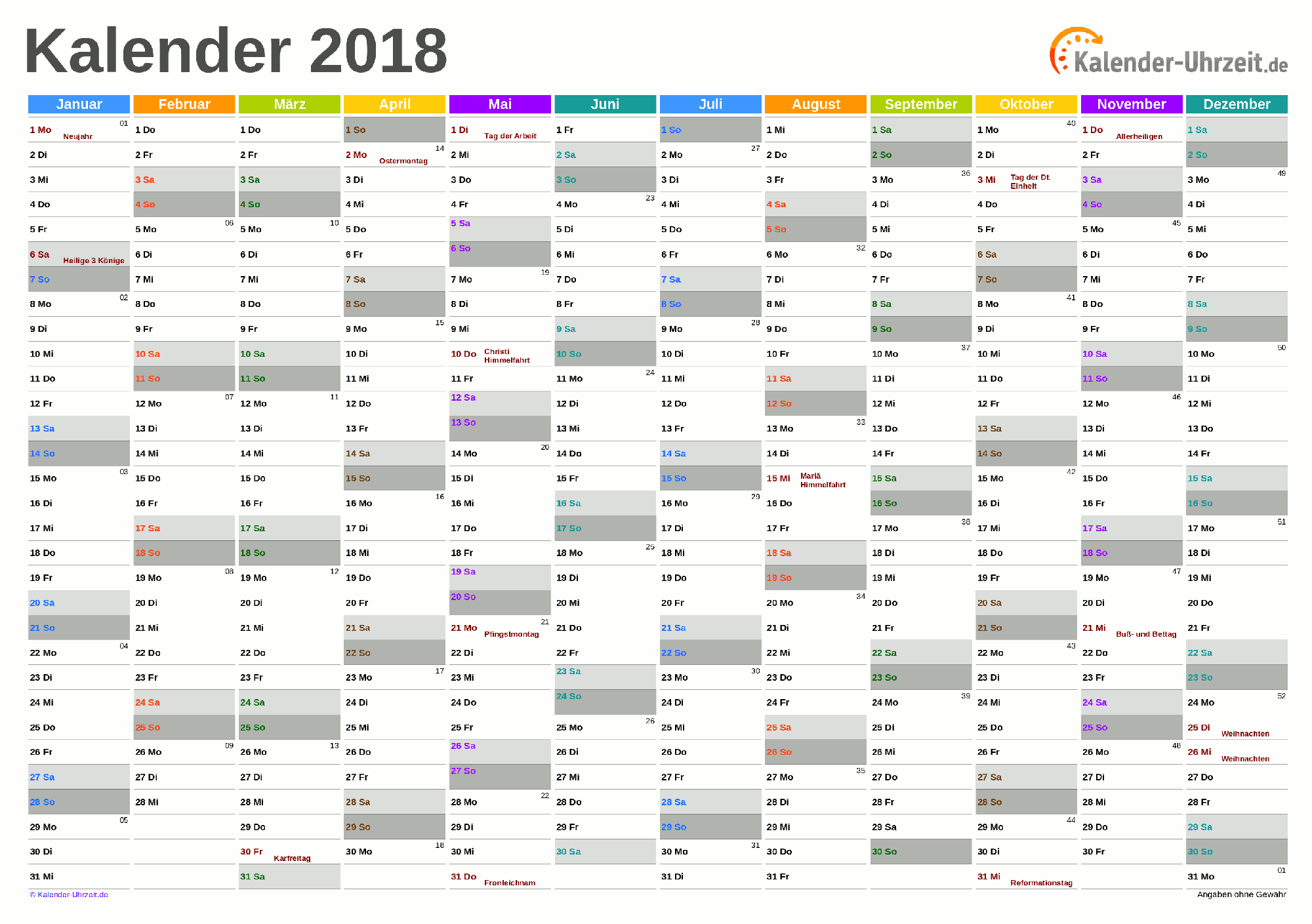 Jahreskalender 2018 - PDF-Vorlage 2 Vorschau