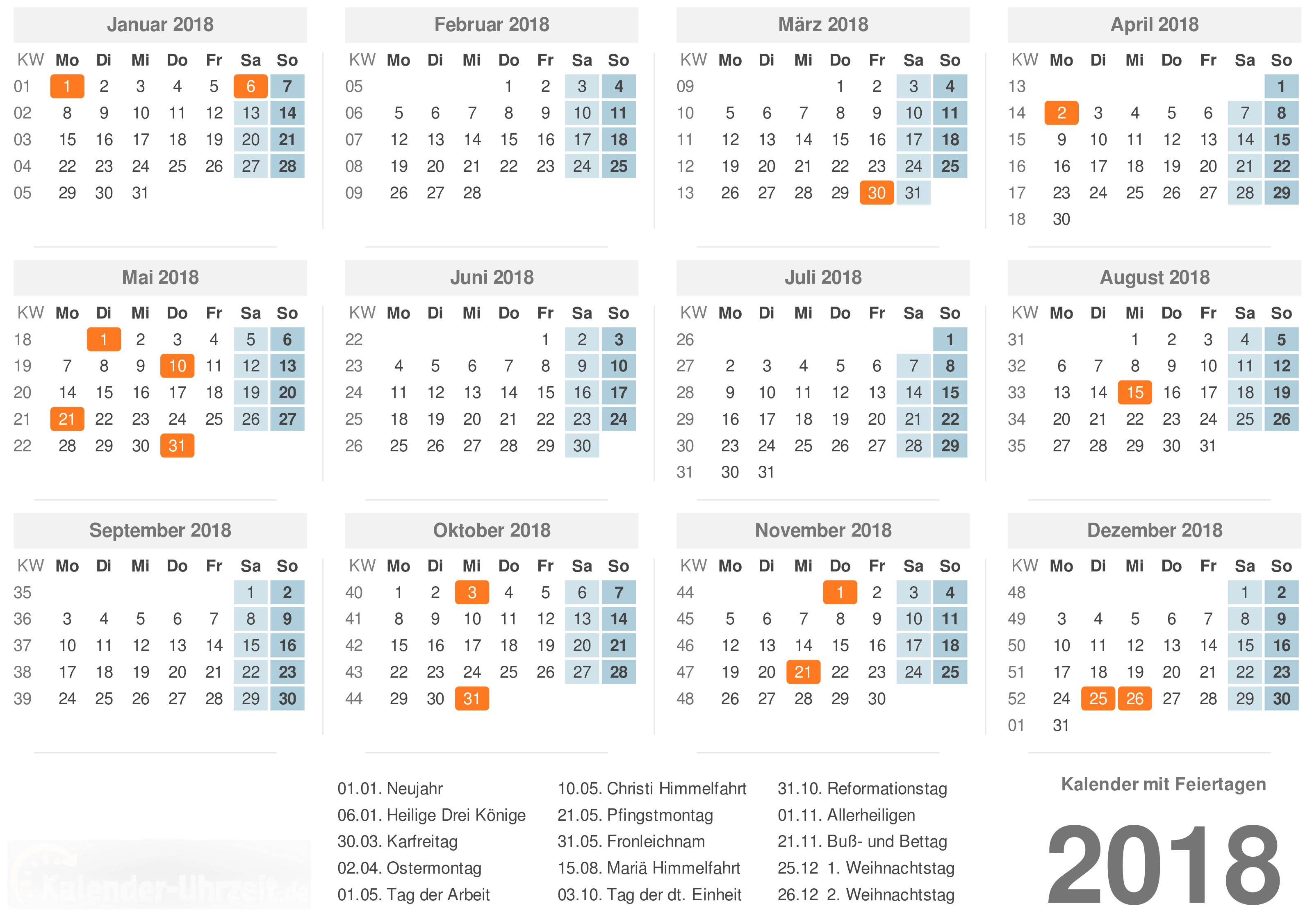 Kalender 2018 mit Feiertagen - PDF-Vorlage 1 Vorschau