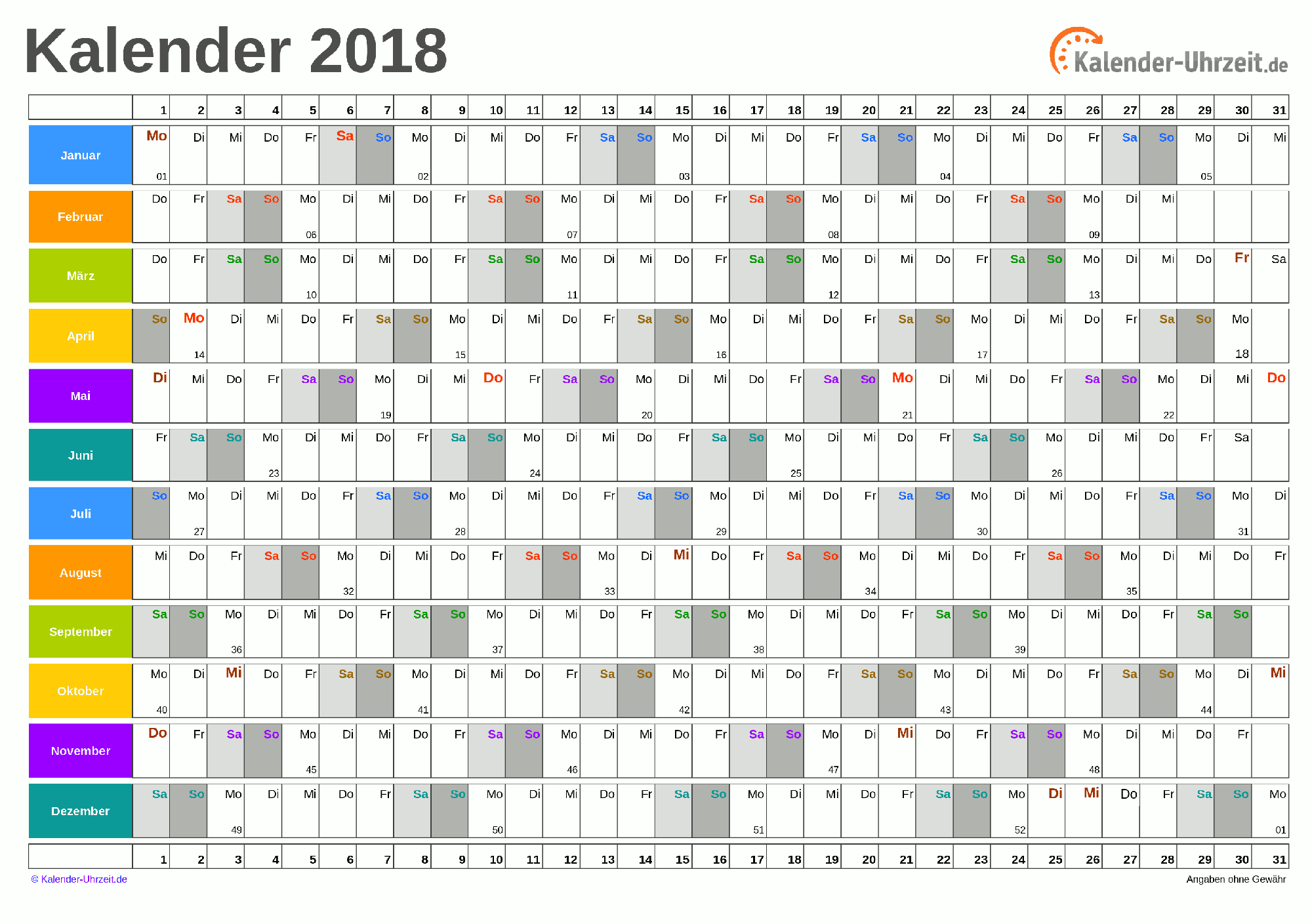 Jahreskalender 2018 - PDF-Vorlage 5 Vorschau