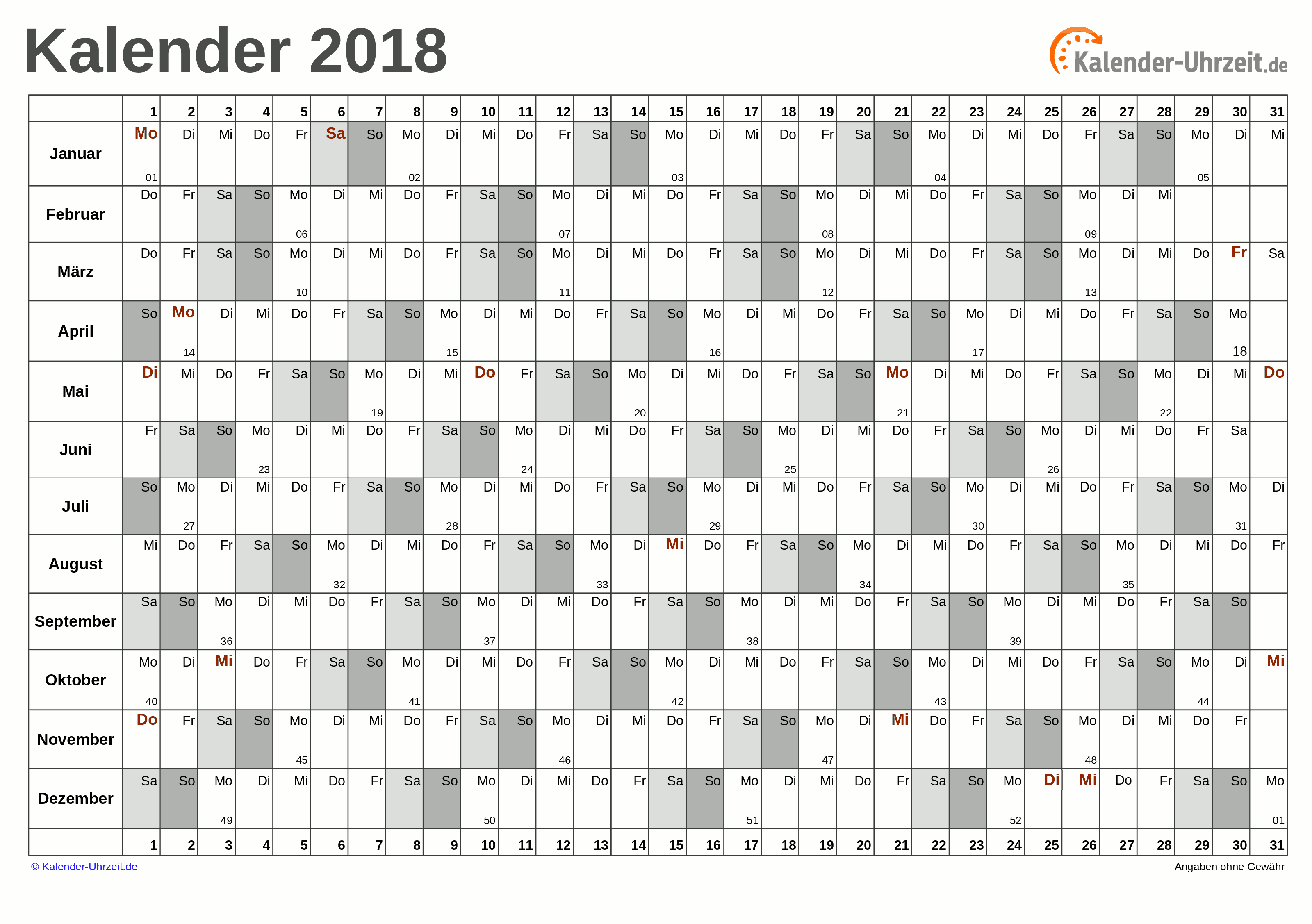 Jahreskalender 2018 - PDF-Vorlage 6 Vorschau