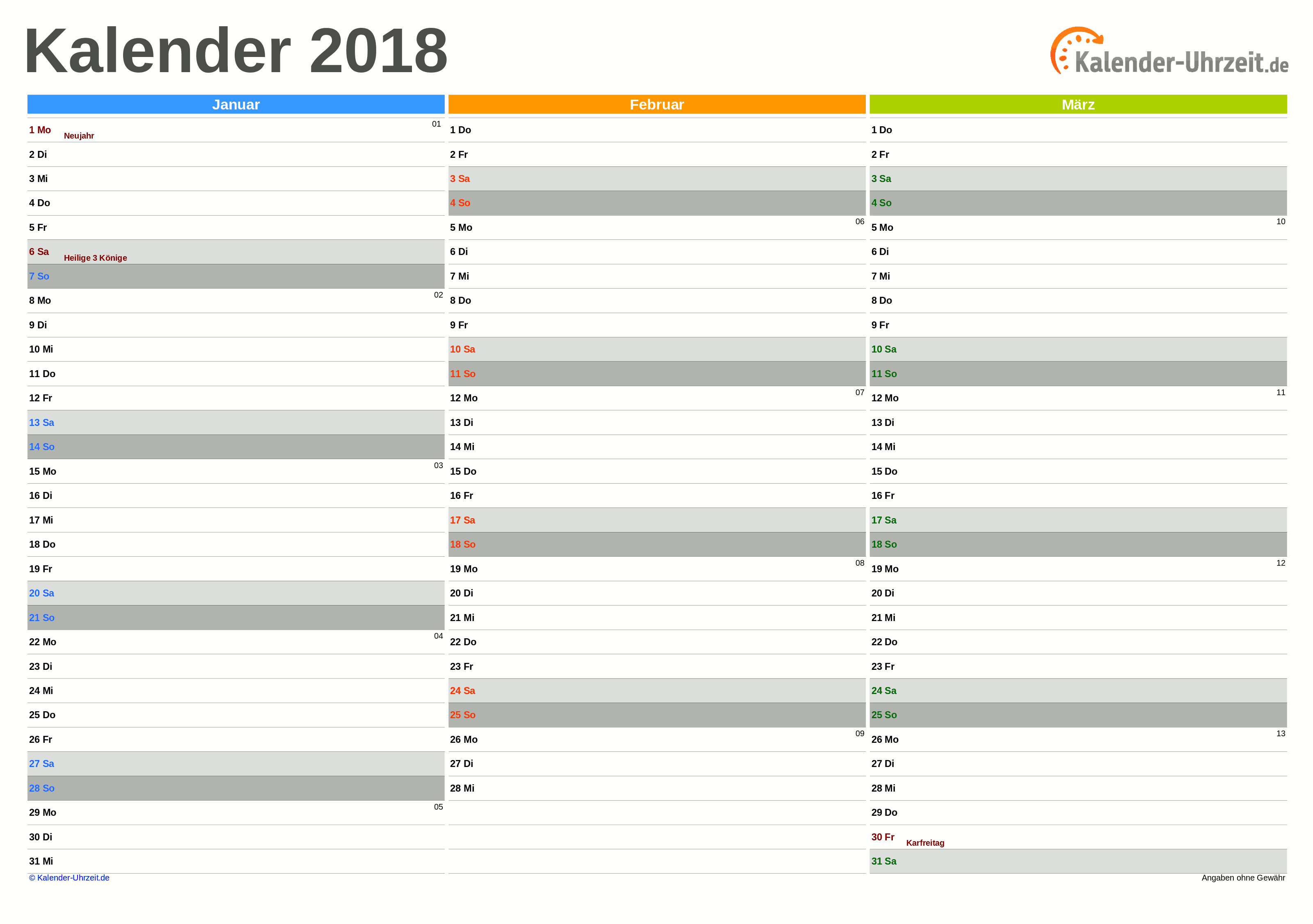 Quartalskalender 2018 - Excel-Vorlage 2 Vorschau