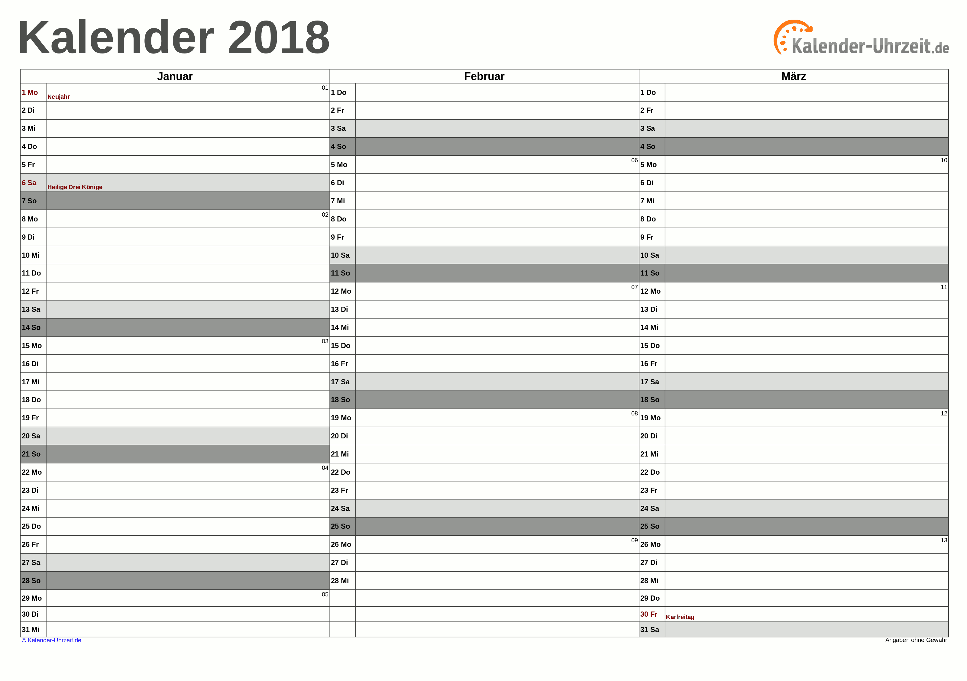 Quartalskalender 2018 - PDF-Vorlage 3 Vorschau