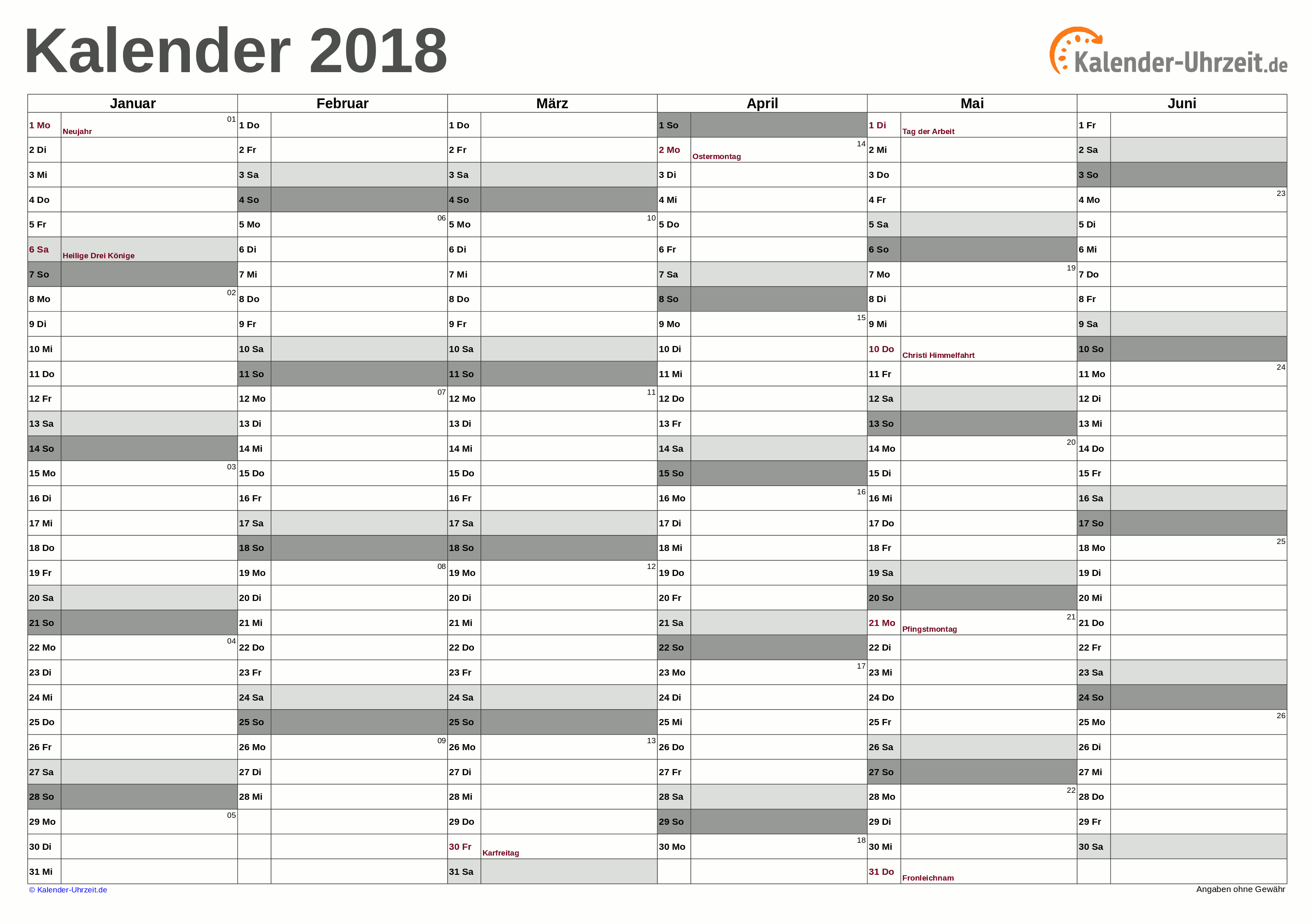 Halbjahreskalender 2018 - Excel-Vorlage 3 Vorschau