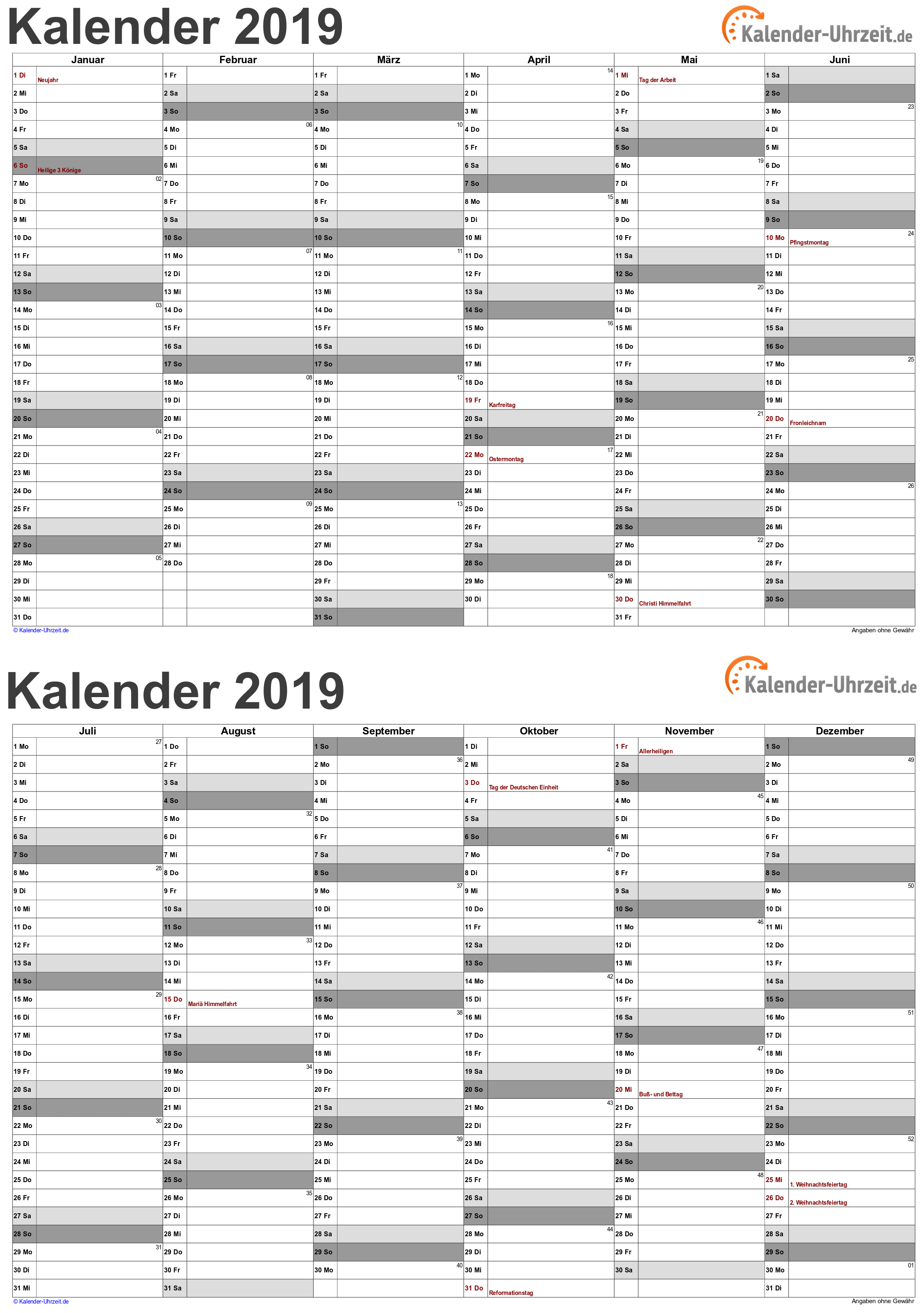 Kalender 2019 A5-Excel-Vorlage 5 Vorschau