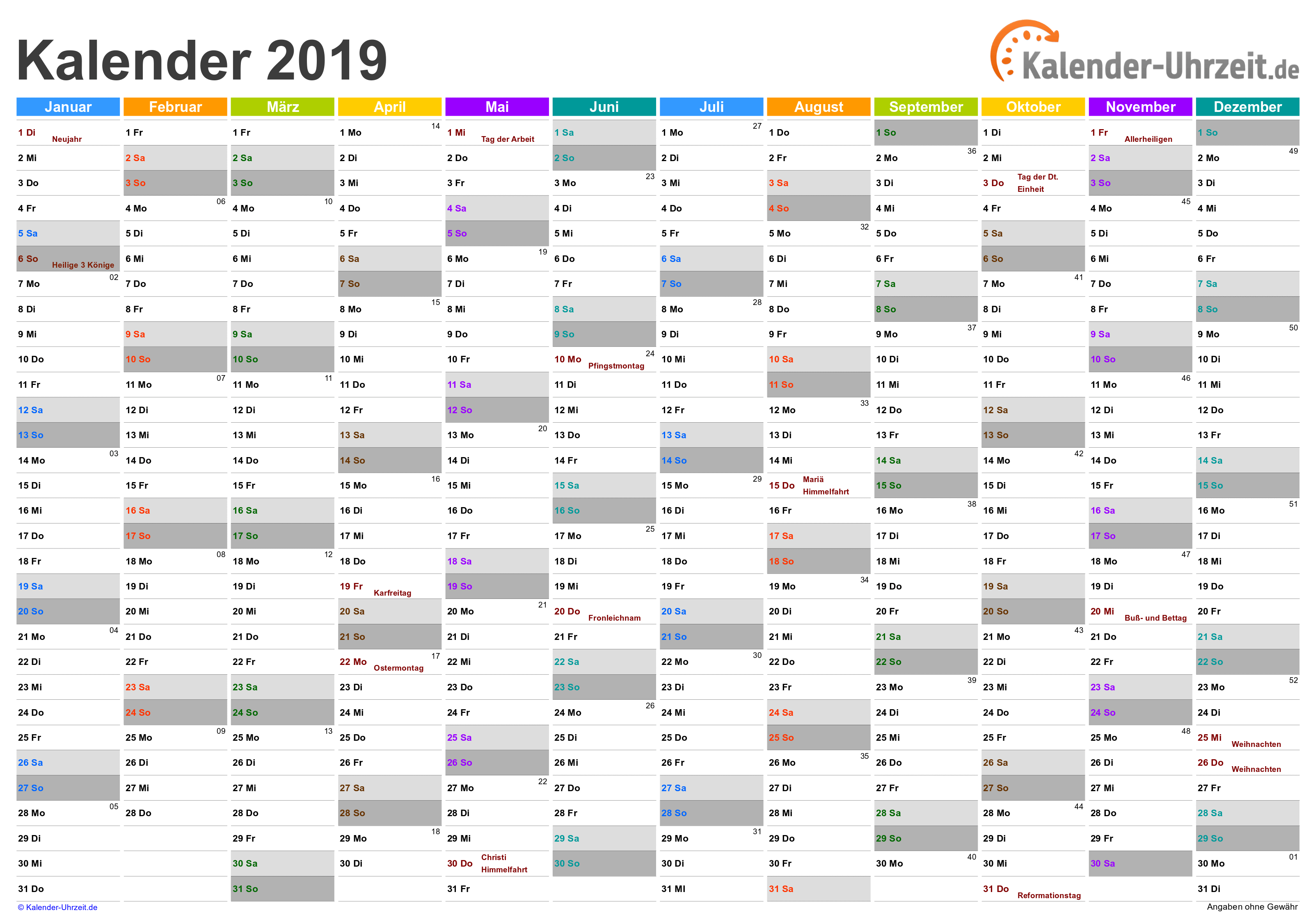 Jahreskalender 2019 - PDF-Vorlage 2 Vorschau