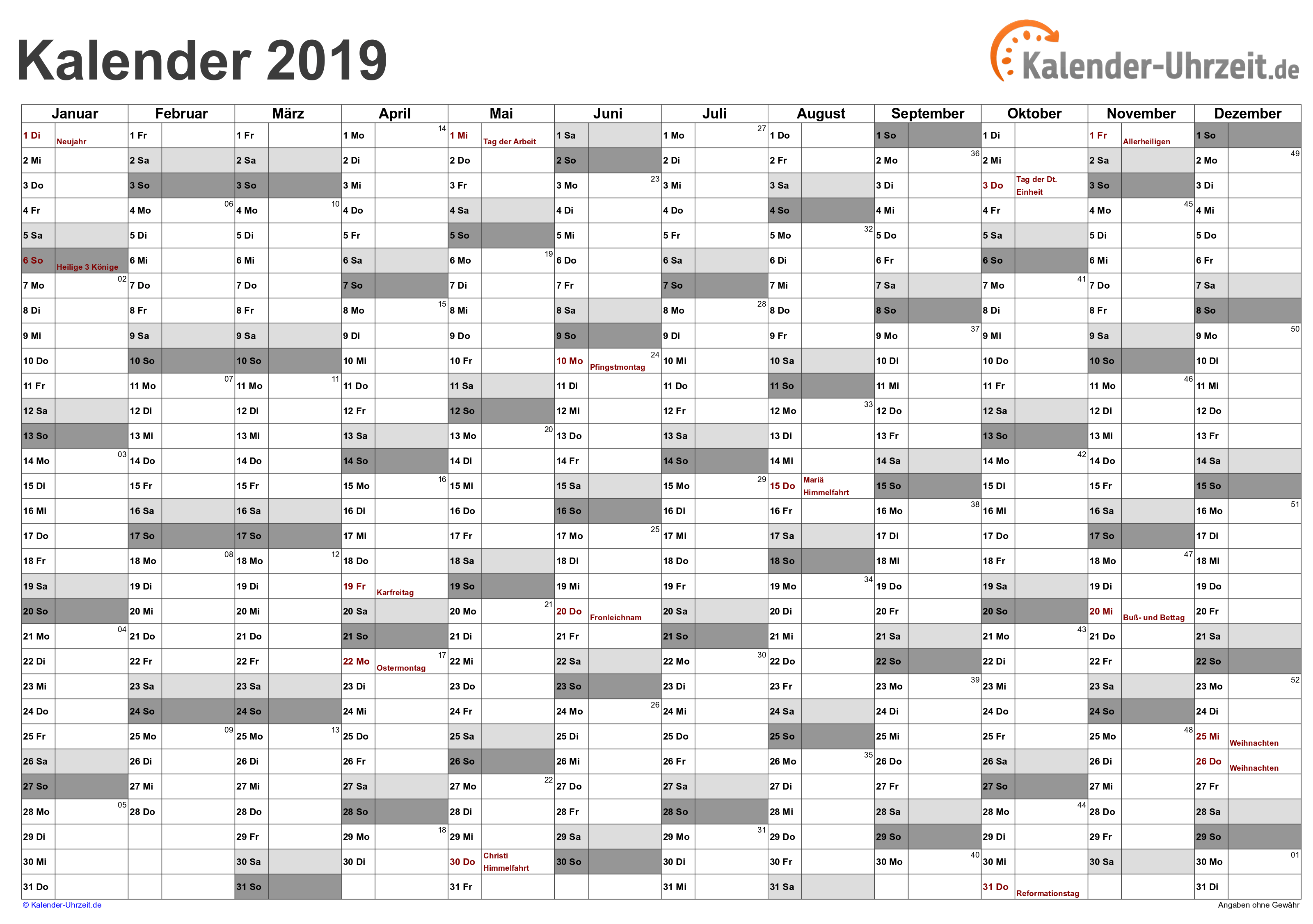 KALENDER 2019 ZUM AUSDRUCKEN - KOSTENLOS