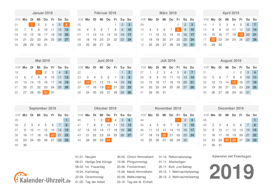 Kalender 2019 mit Feiertage-Übersicht zum Ausdrucken Vorlage 1