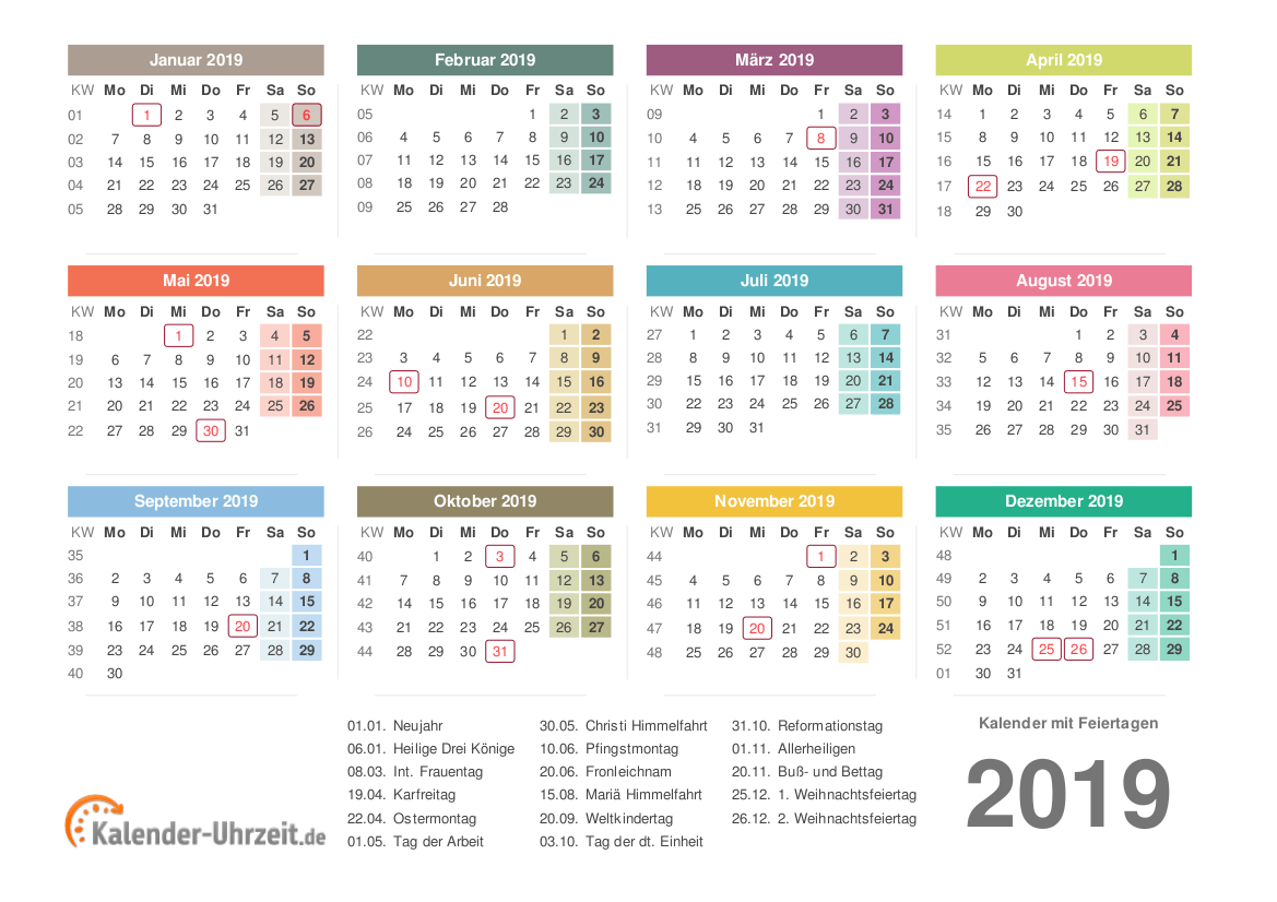 Kalender 2019 mit Feiertagen - PDF-Vorlage 3 Vorschau