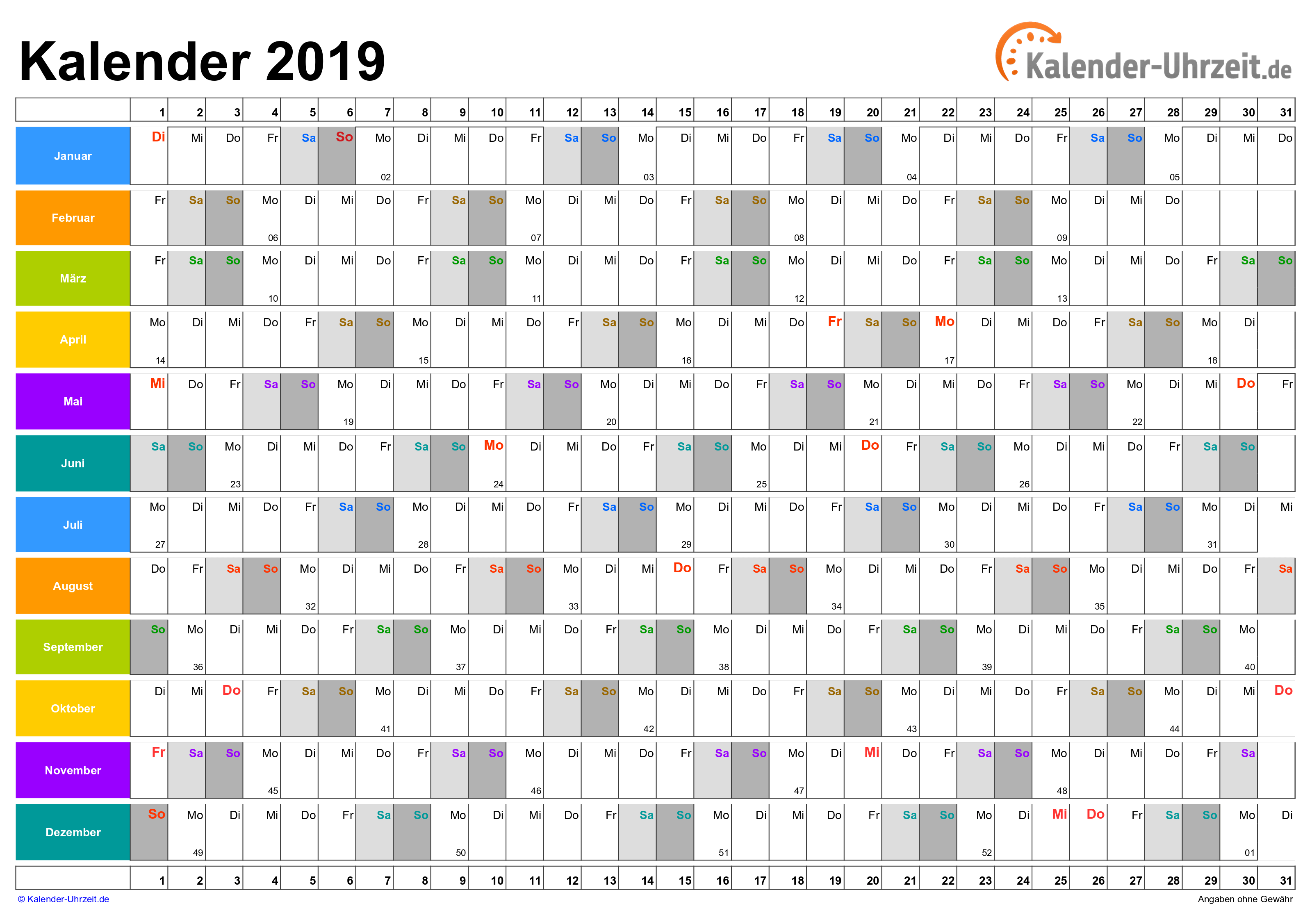 Jahreskalender 2019 - Excel-Vorlage 5 Vorschau