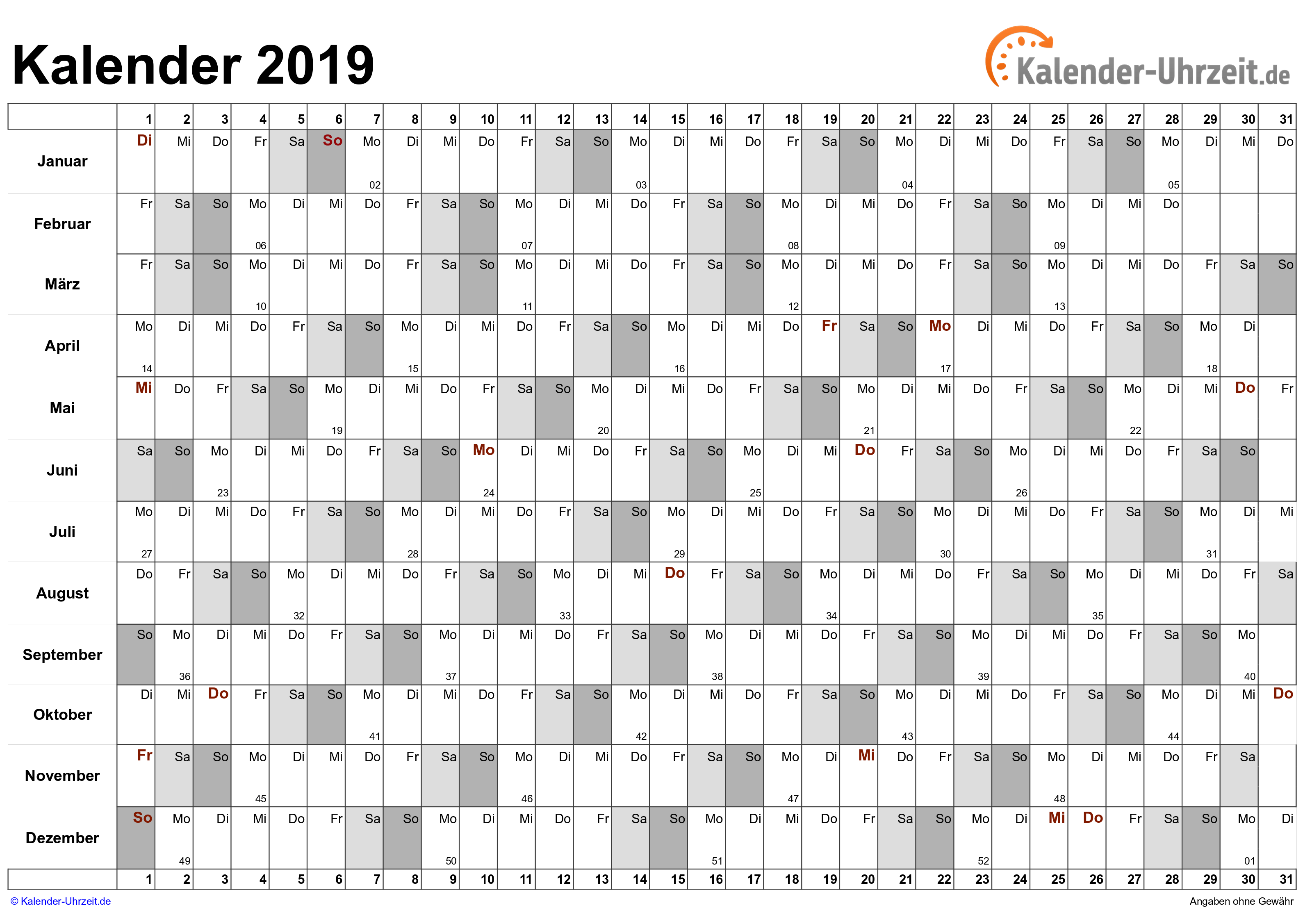 Jahreskalender 2019 - Excel-Vorlage 6 Vorschau