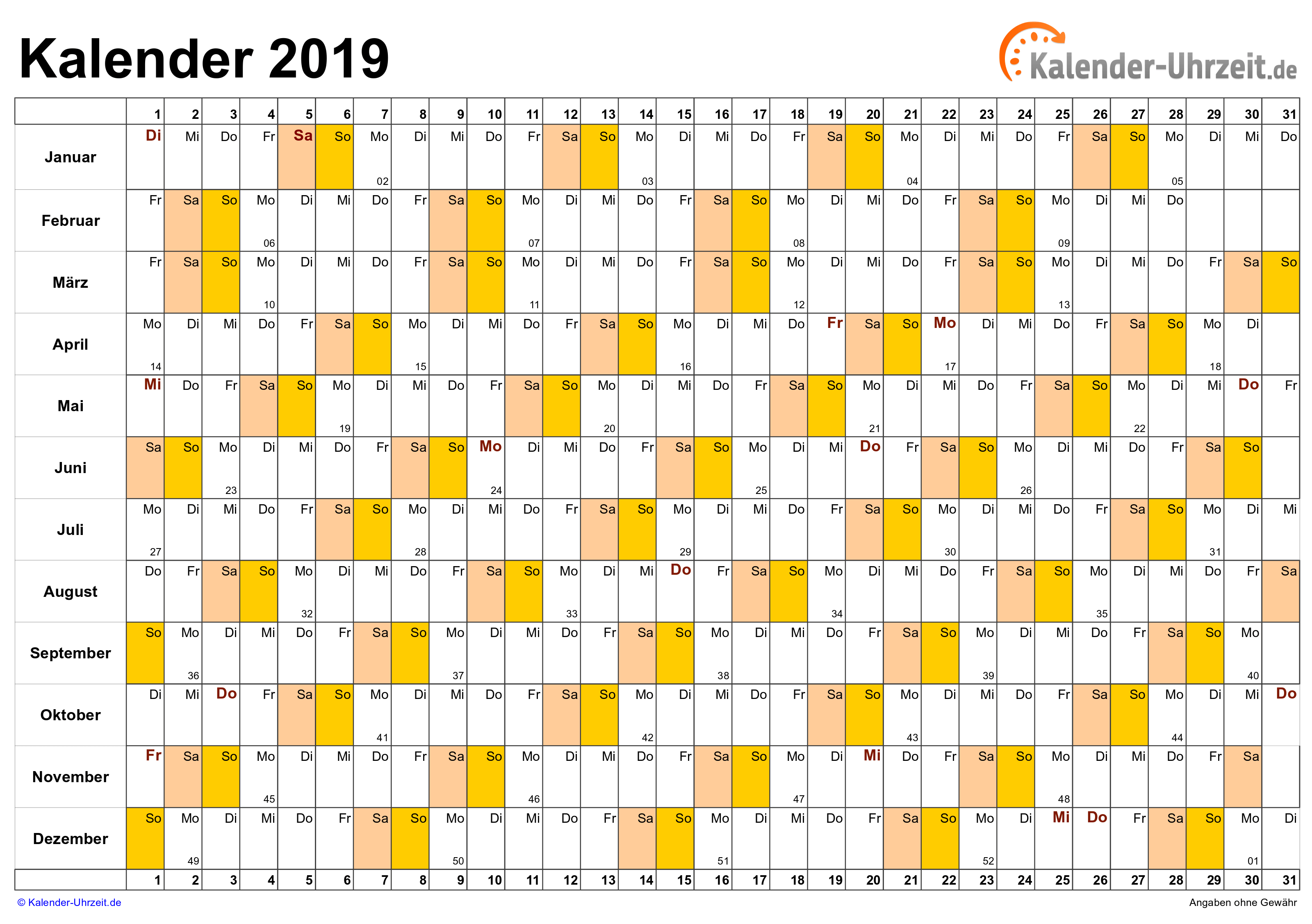 Jahreskalender 2019 - Excel-Vorlage 4 Vorschau