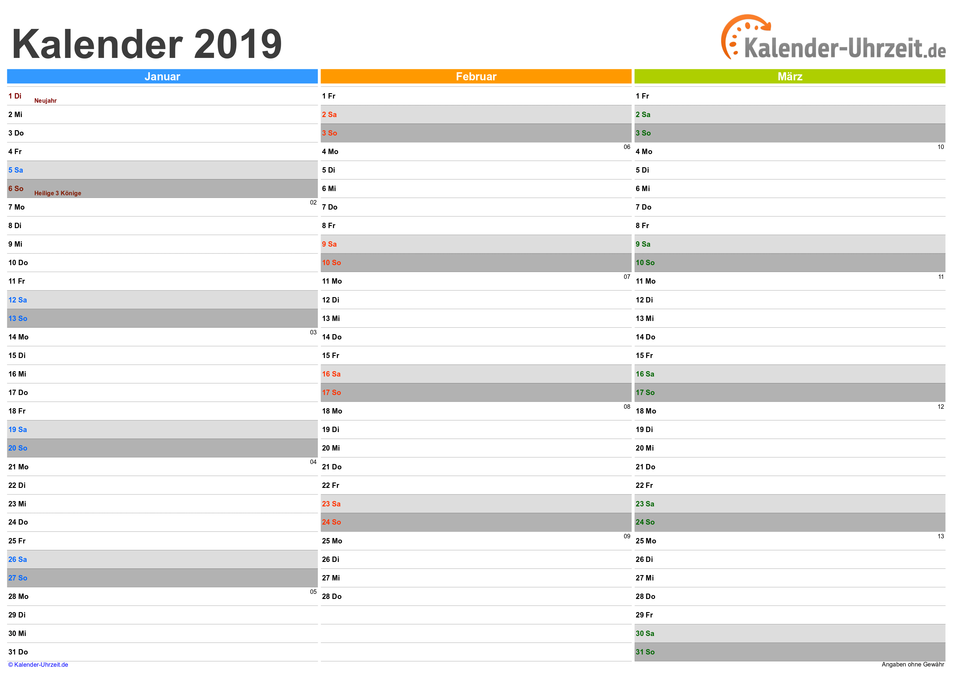 Quartalskalender 2019 - Excel-Vorlage 2 Vorschau