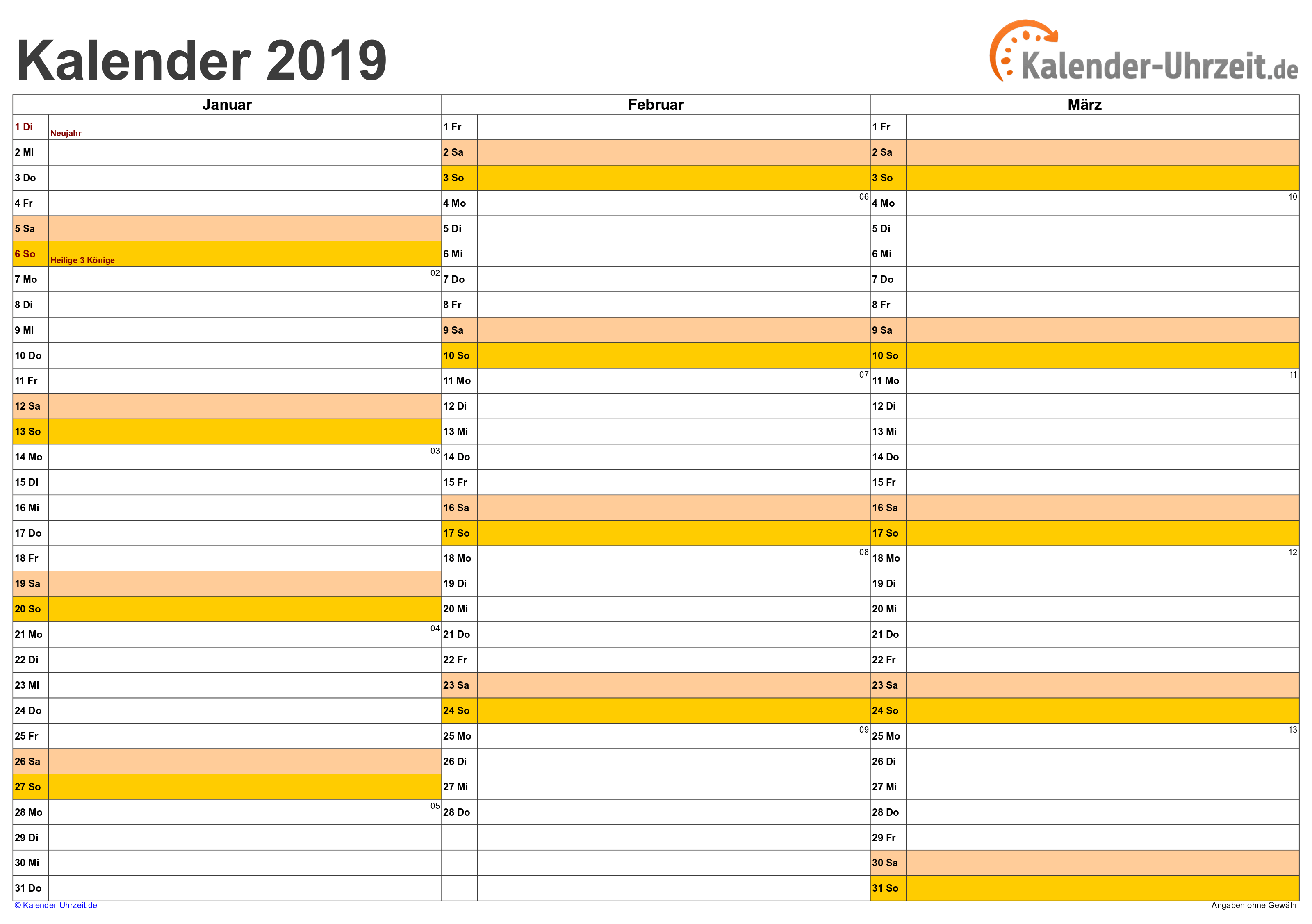 Quartalskalender 2019 - Excel-Vorlage 1 Vorschau