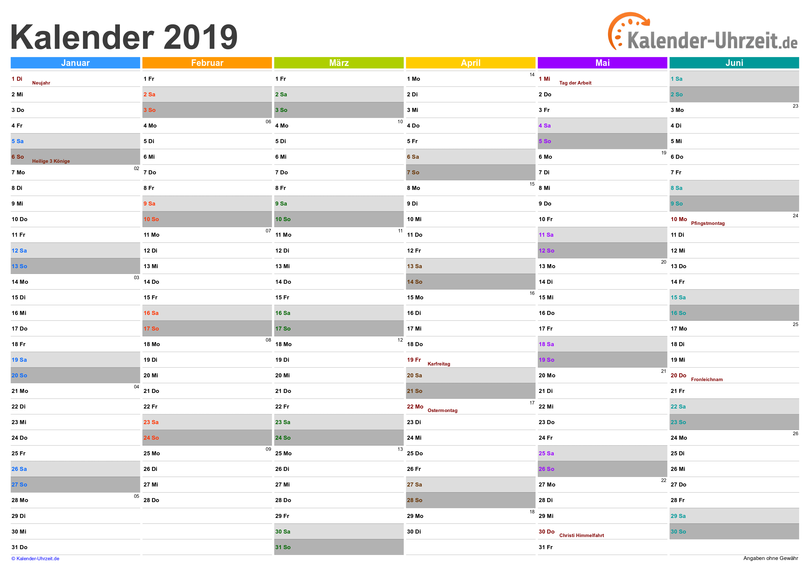 Halbjahreskalender 2019 - Excel-Vorlage 2 Vorschau
