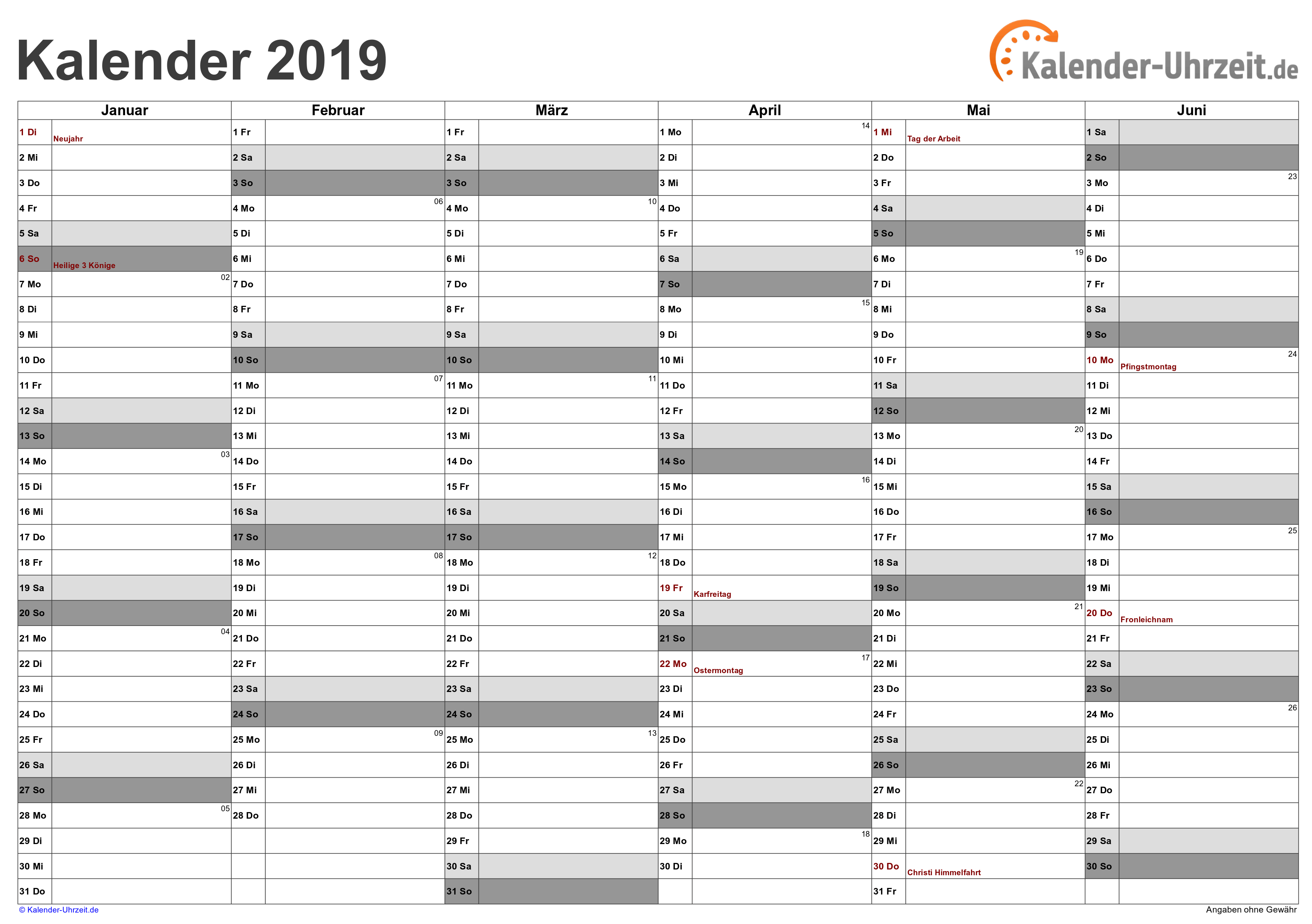 KALENDER 2019 ZUM AUSDRUCKEN - KOSTENLOS