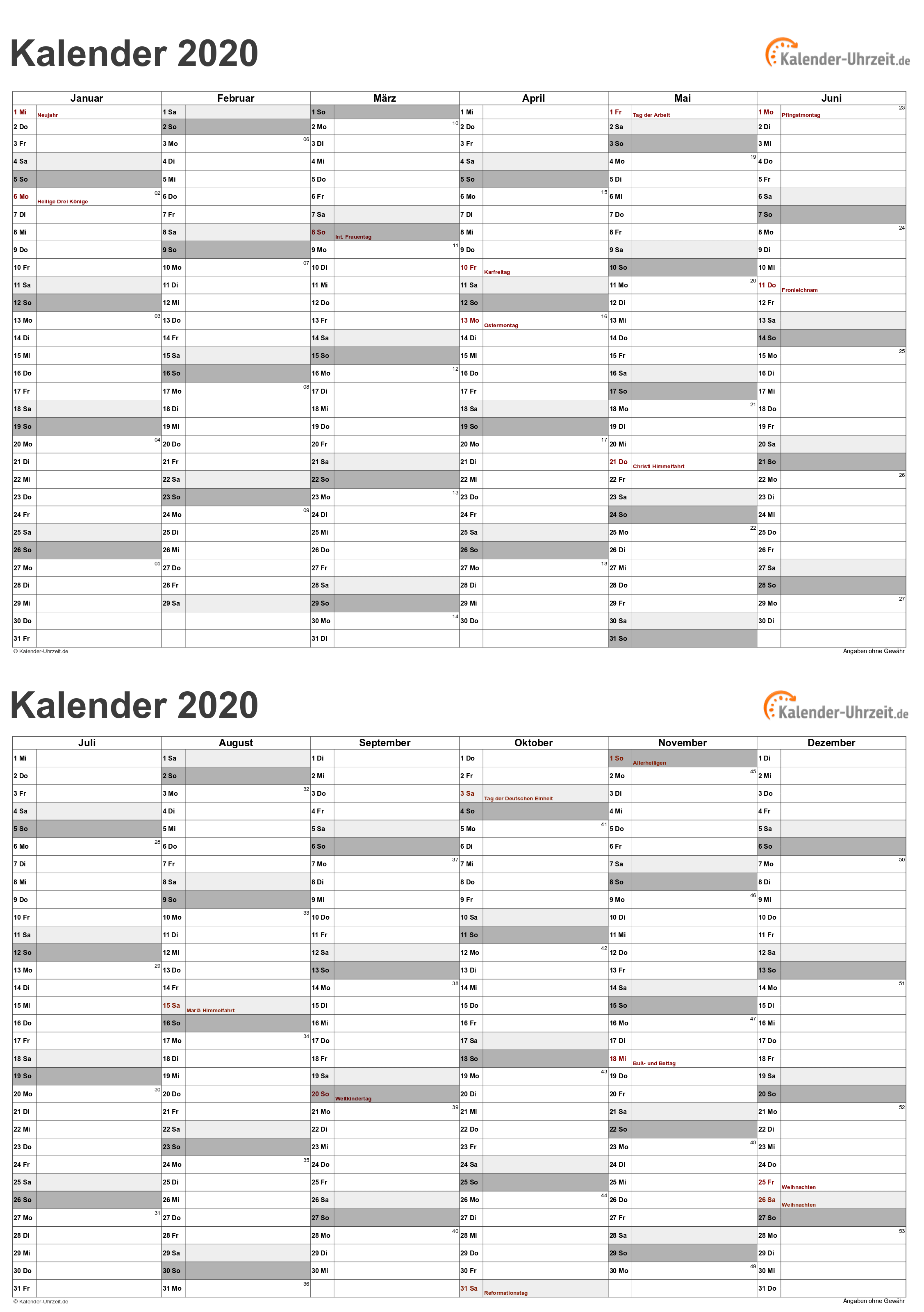 Kalender 2020 A5-Excel-Vorlage 5 Vorschau
