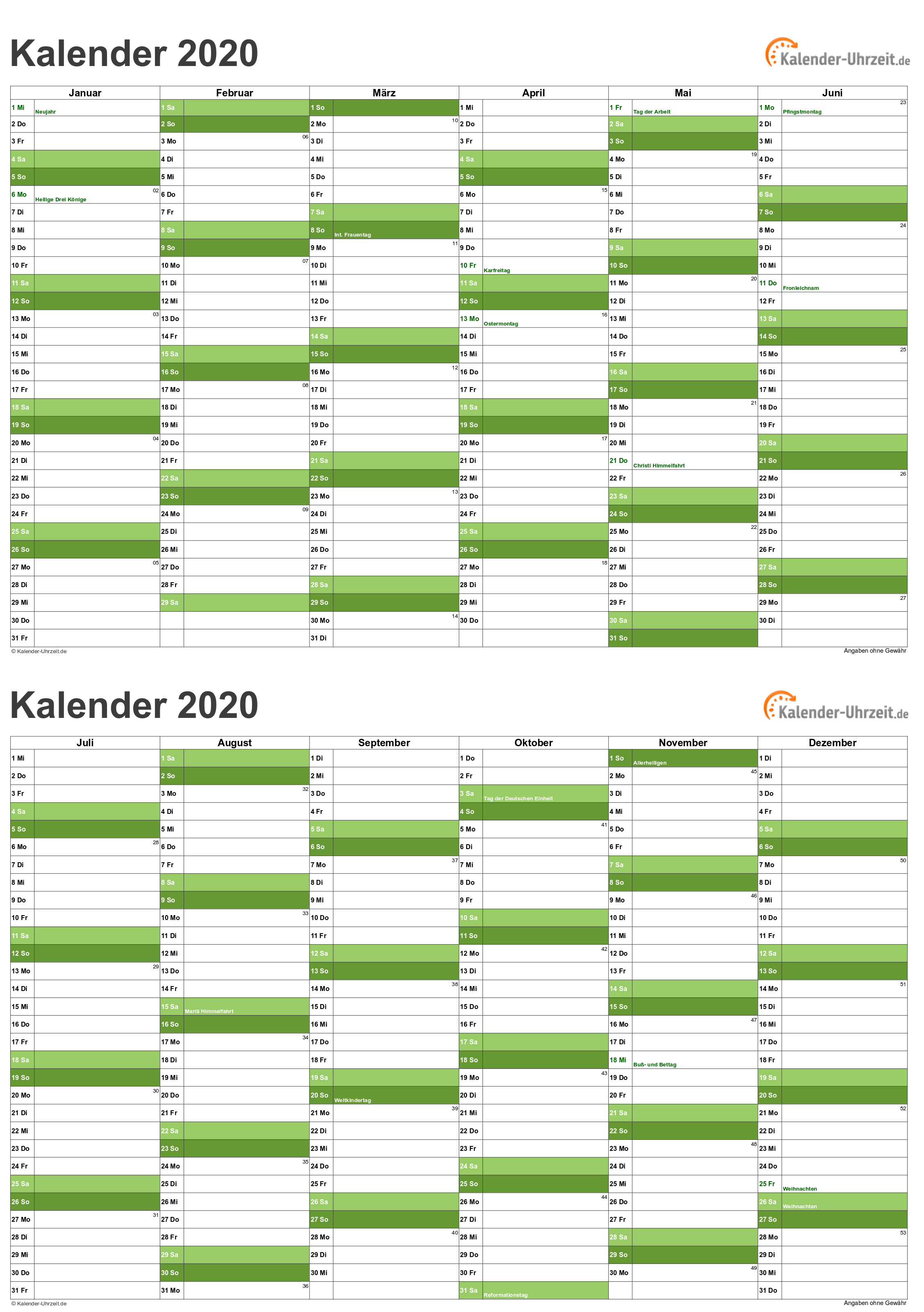 Kalender 2020 A5-Excel-Vorlage 3 Vorschau