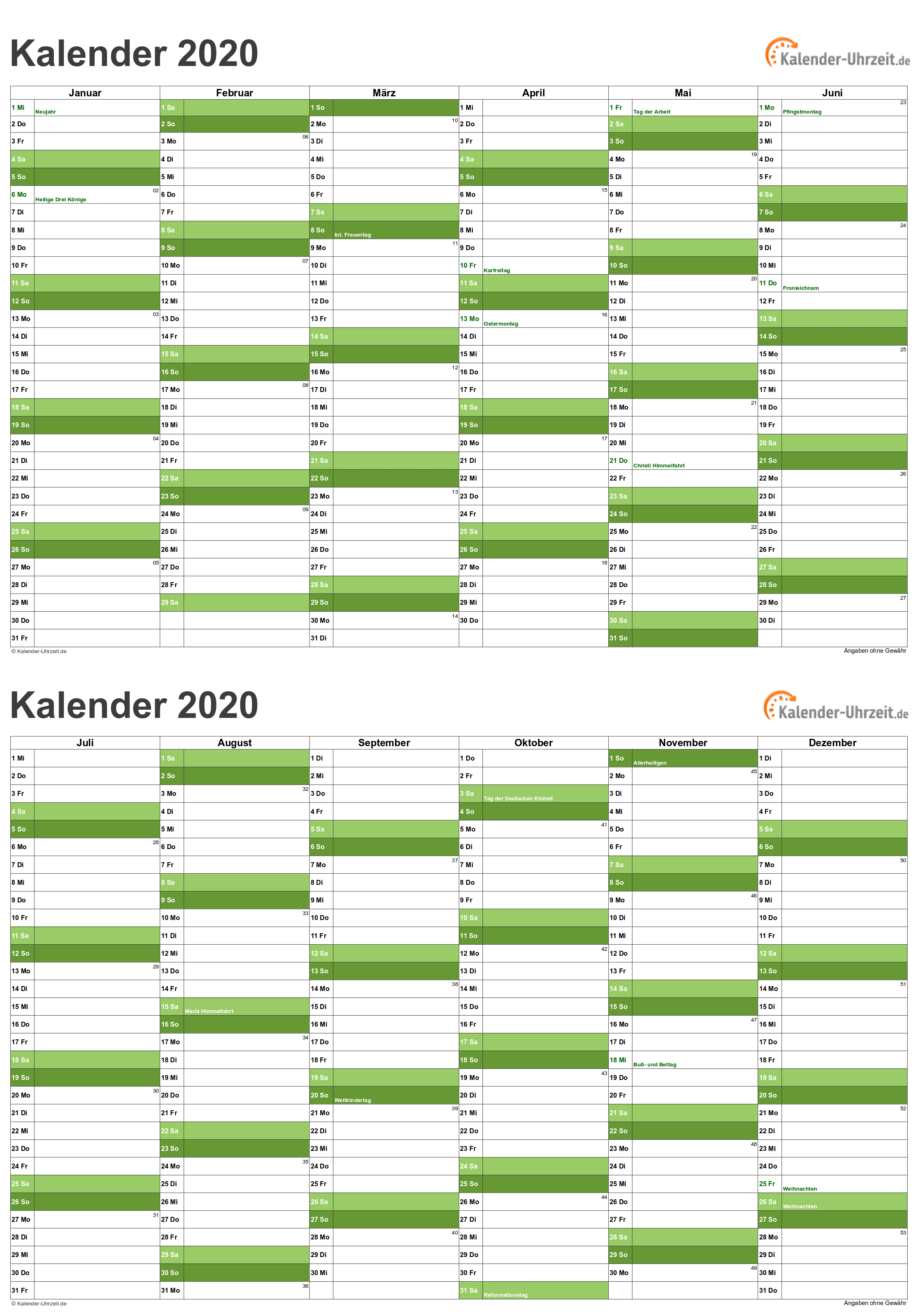 Excel Kalender 2020 Kostenlos