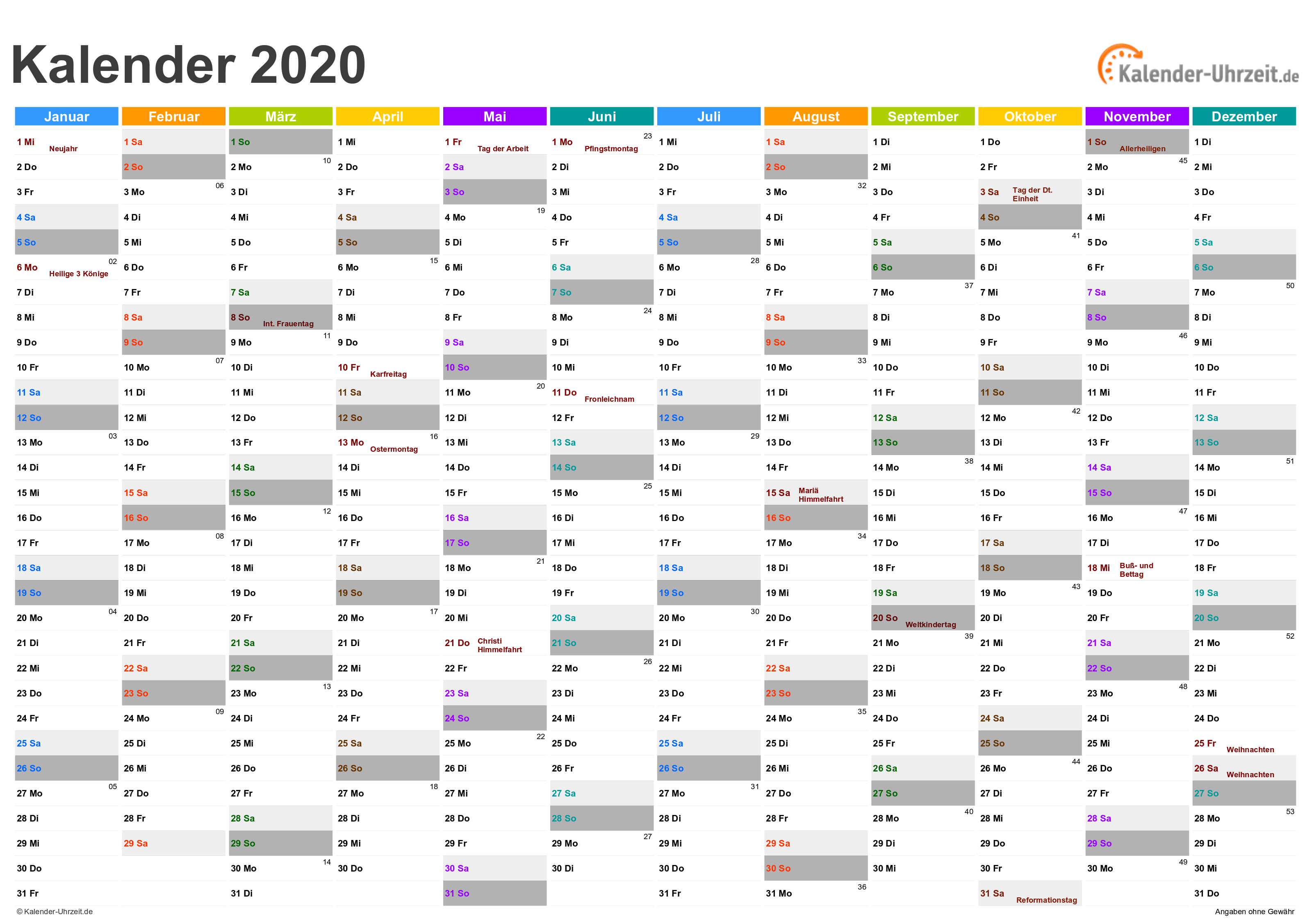  EXCEL KALENDER 2020 KOSTENLOS