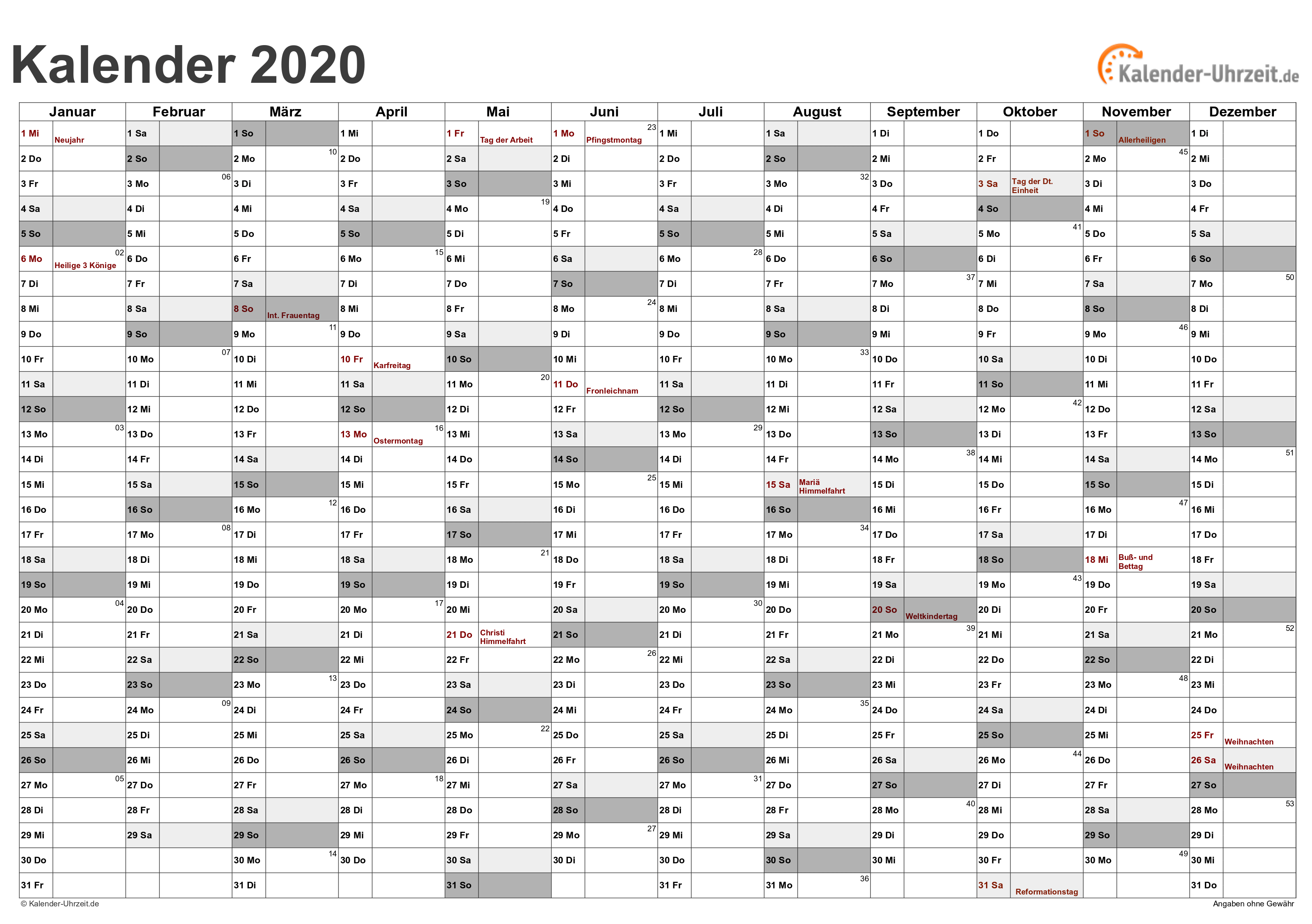 EXCEL-KALENDER 2020 - KOSTENLOS