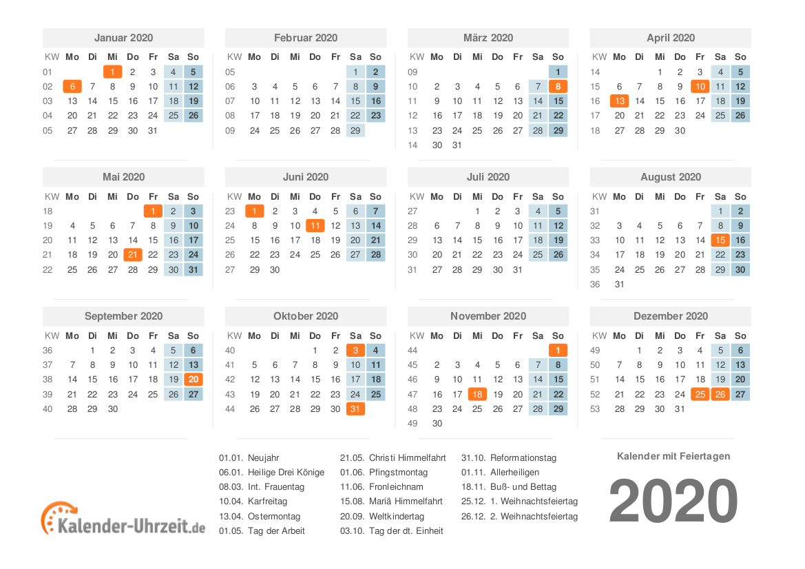 Kalender 2020 Mit Feiertagen