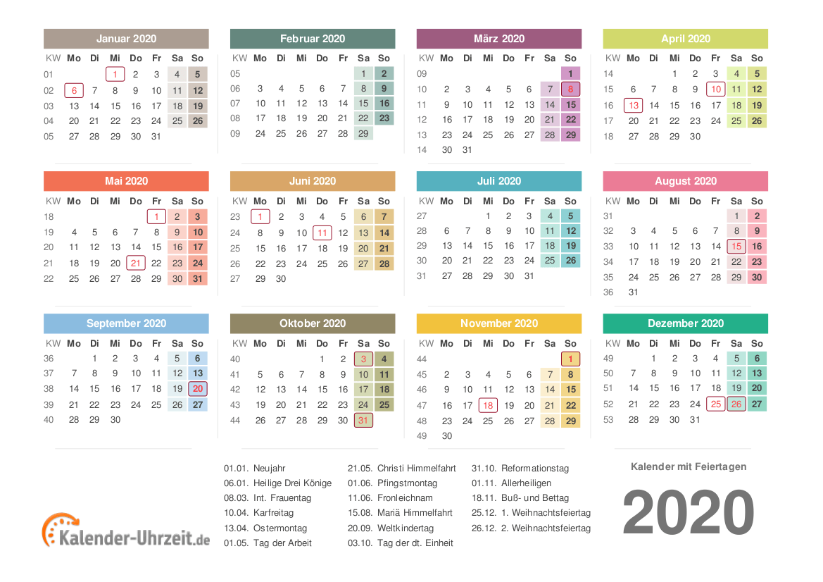 Kalender 2020 mit feiertagen bayern