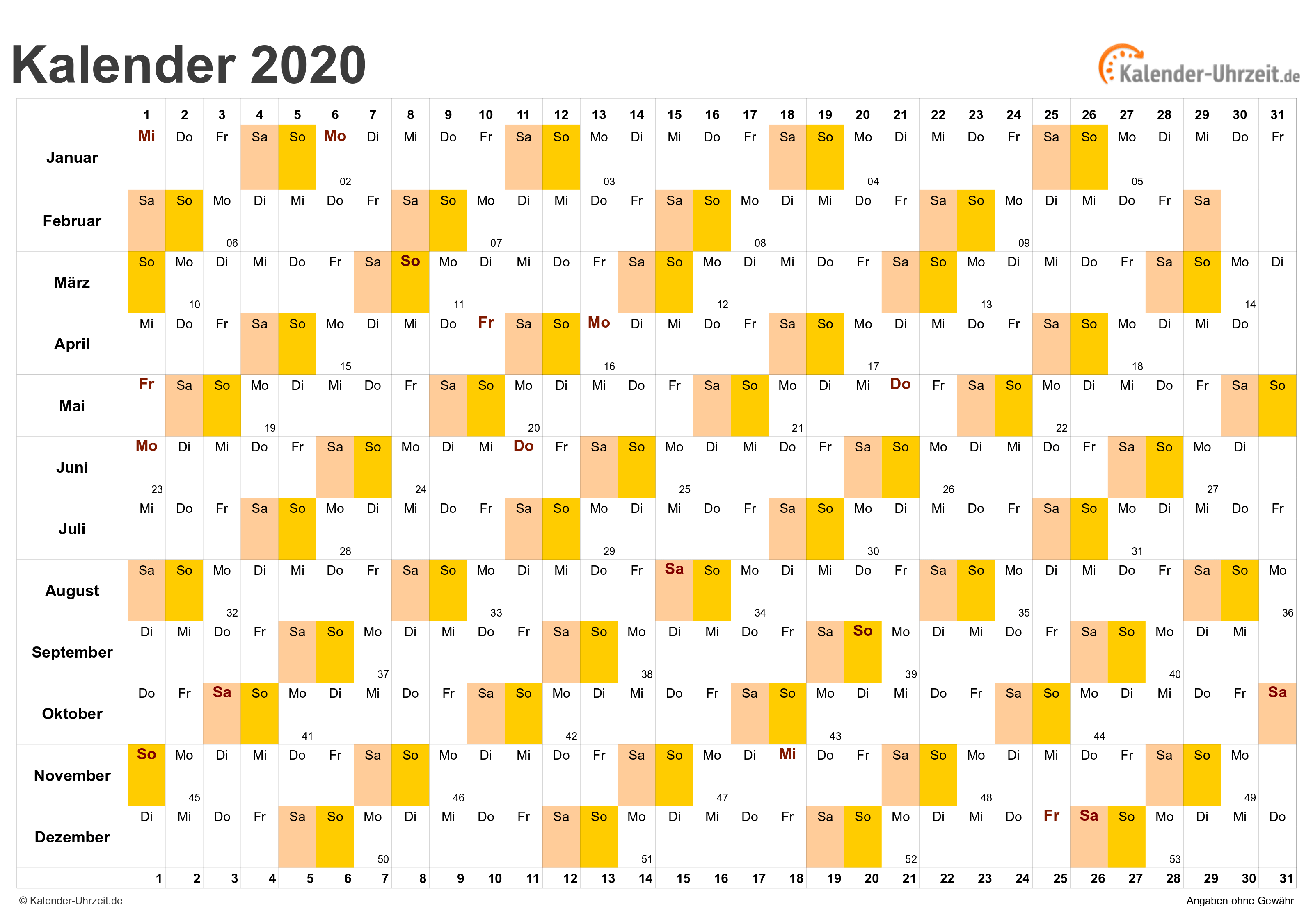 Jahreskalender 2020 - Excel-Vorlage 4 Vorschau