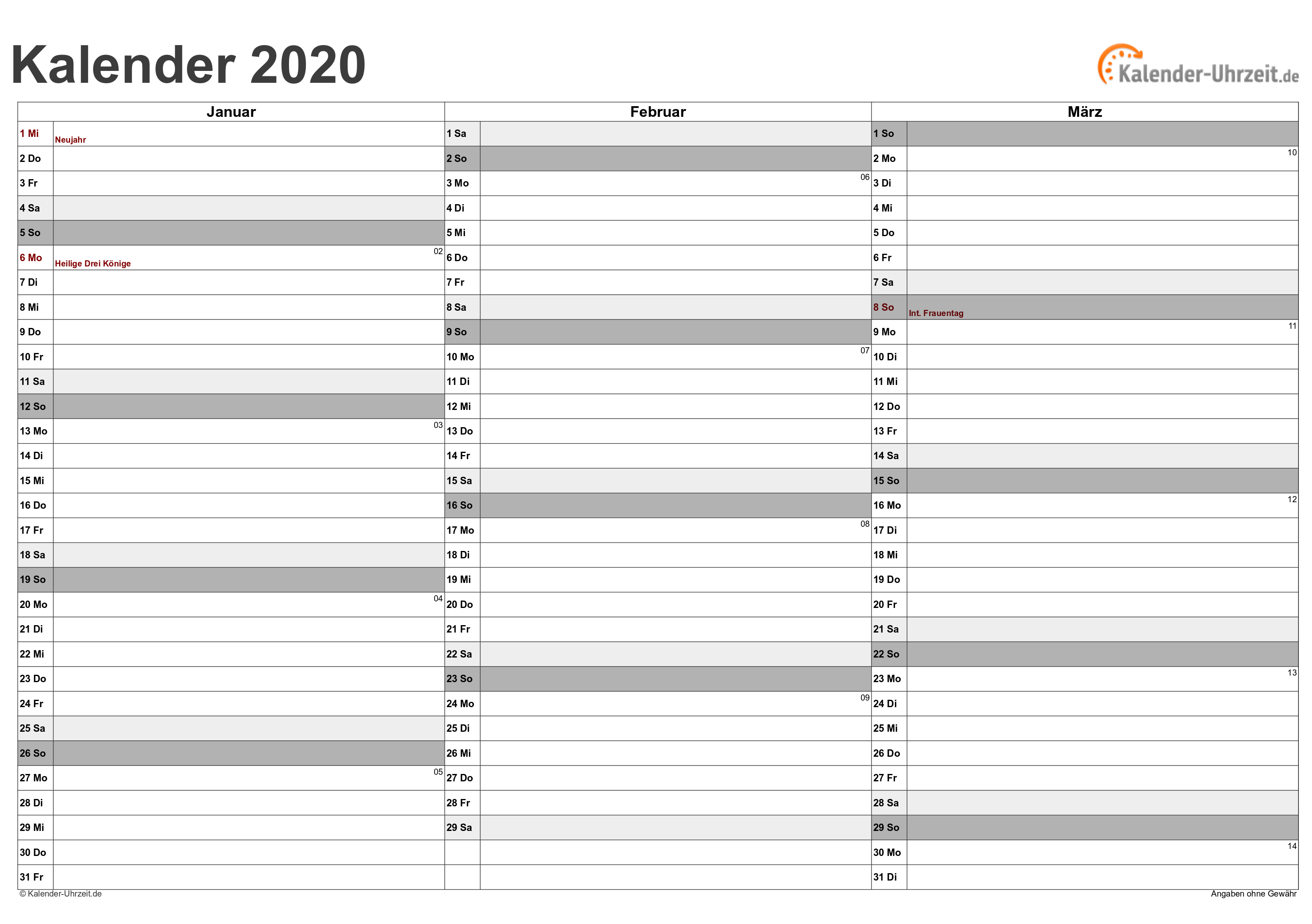 KALENDER 2020 ZUM AUSDRUCKEN - KOSTENLOS