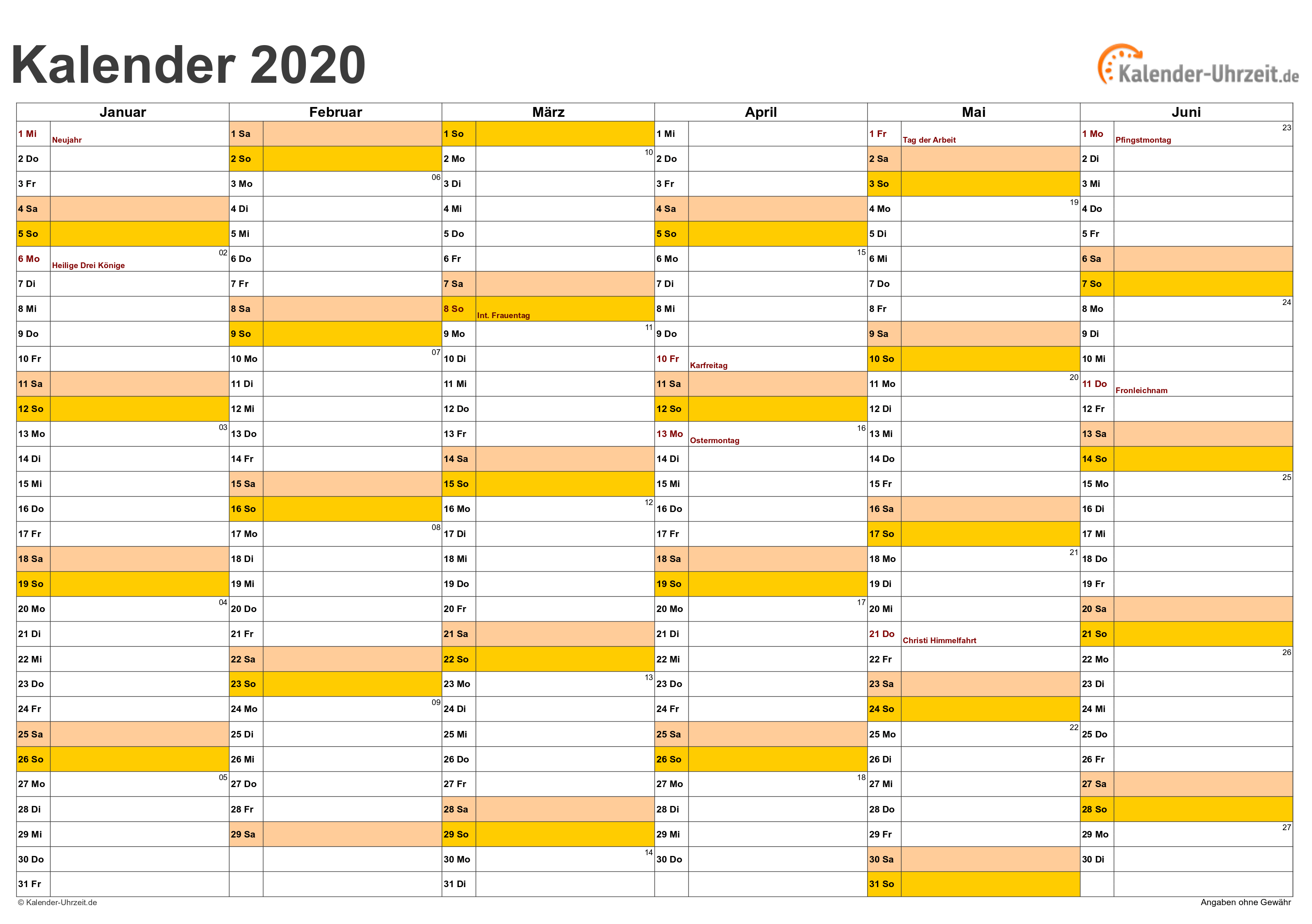 Übersicht kalender 2020