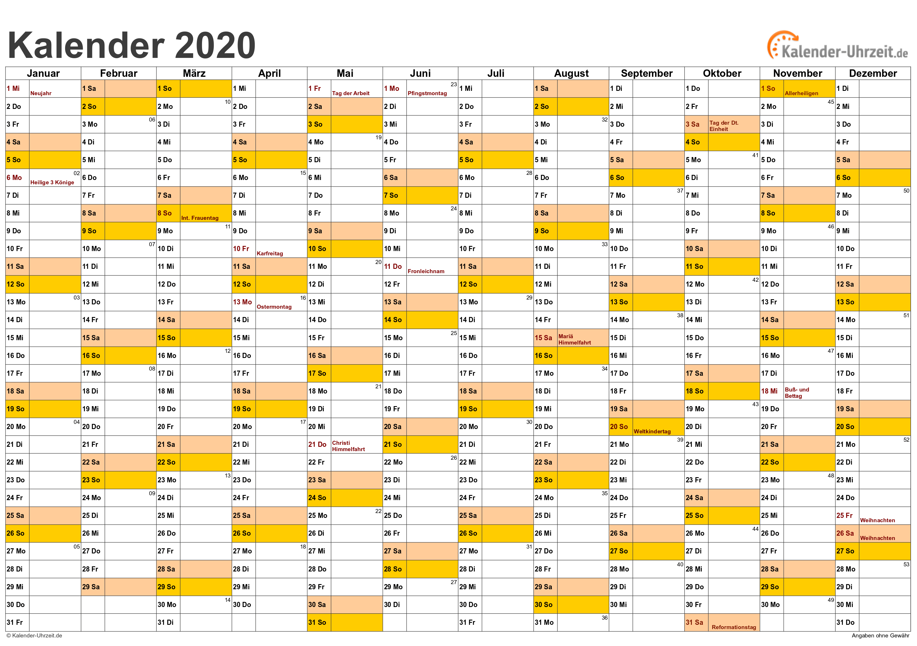 Kalender 2020Vorlage