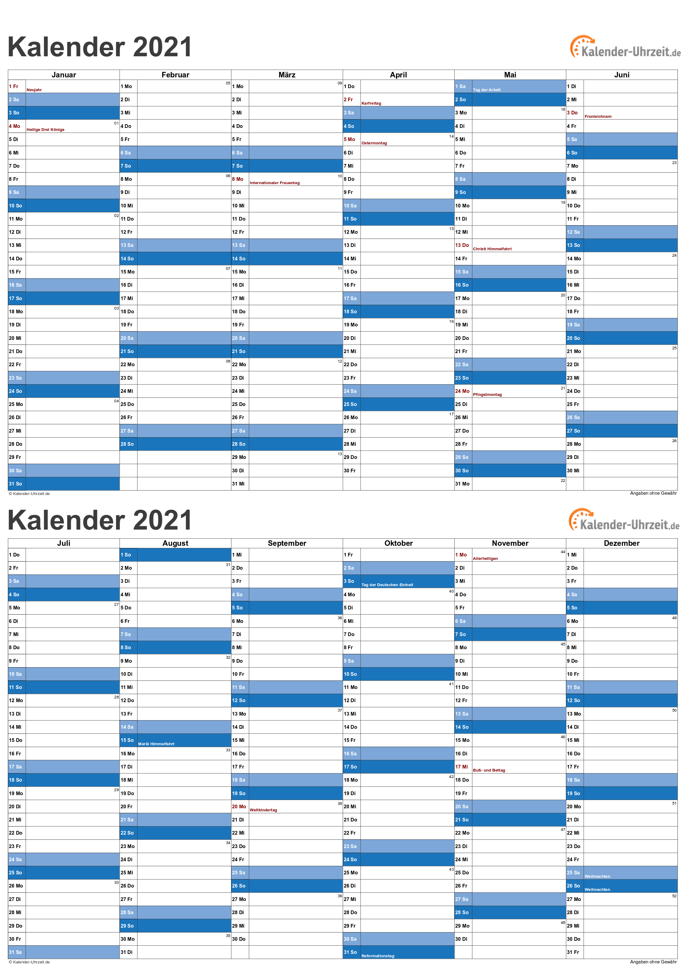 Kalender 2021 Zum Ausdrucken Kostenlos Excel