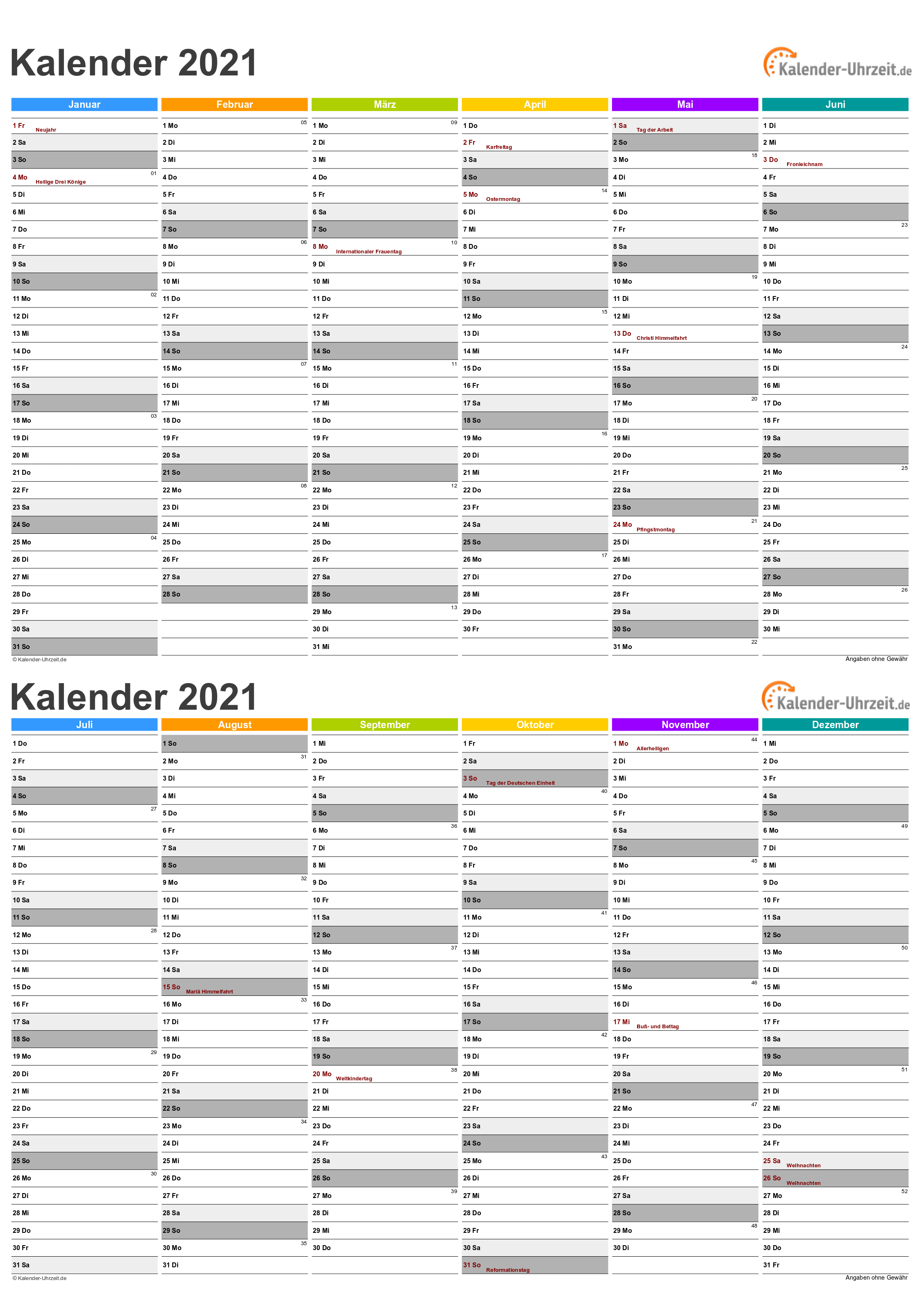 EXCEL-KALENDER 2021 - KOSTENLOS